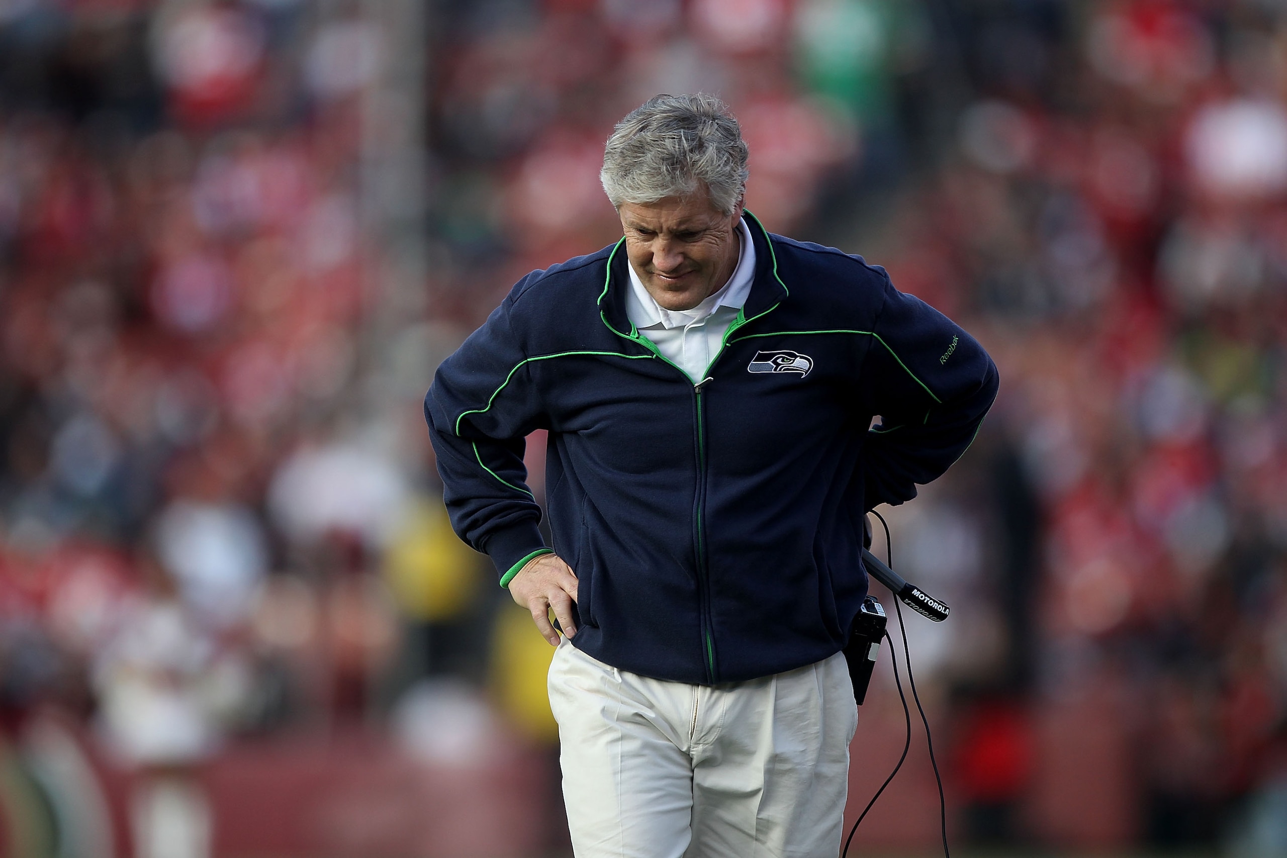 SAN FRANCISCO - DECEMBER 12:    Pete Carroll of the Seattle Seahawks looks on against the San Francisco 49ers during an NFL game at Candlestick Park on December 12, 2010 in San Francisco, California.  (Photo by Jed Jacobsohn/Getty Images)