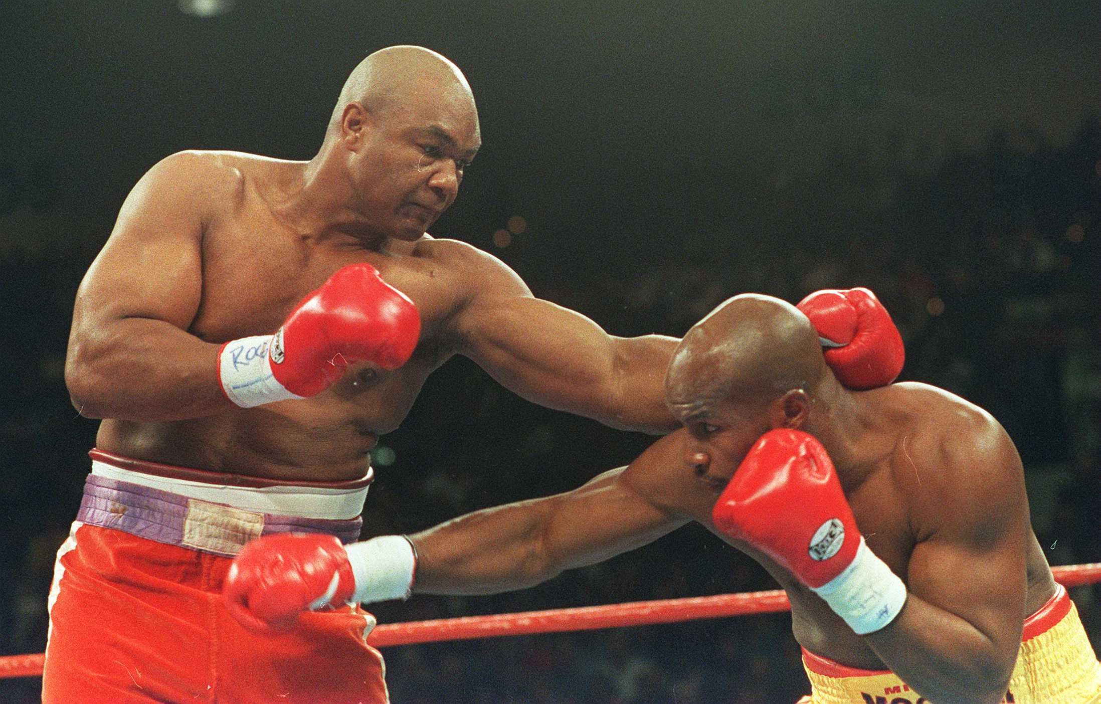 5 NOV 1994:  GEORGE FOREMAN THROWS A LEFT AT  MICHAEL MOORER TONIGHT DURING THE FIRST ROUND OF THEIR WBA/IBF HEAVYWEIGHT TITLE FIGHT AT THE MGM GRAND IN LAS VEGAS, NEVADA.  FOREMAN WENT ON TO WIN THE FIGHT, AND THE TITLES, WITH A 10TH ROUND KNOCK OUT. Man