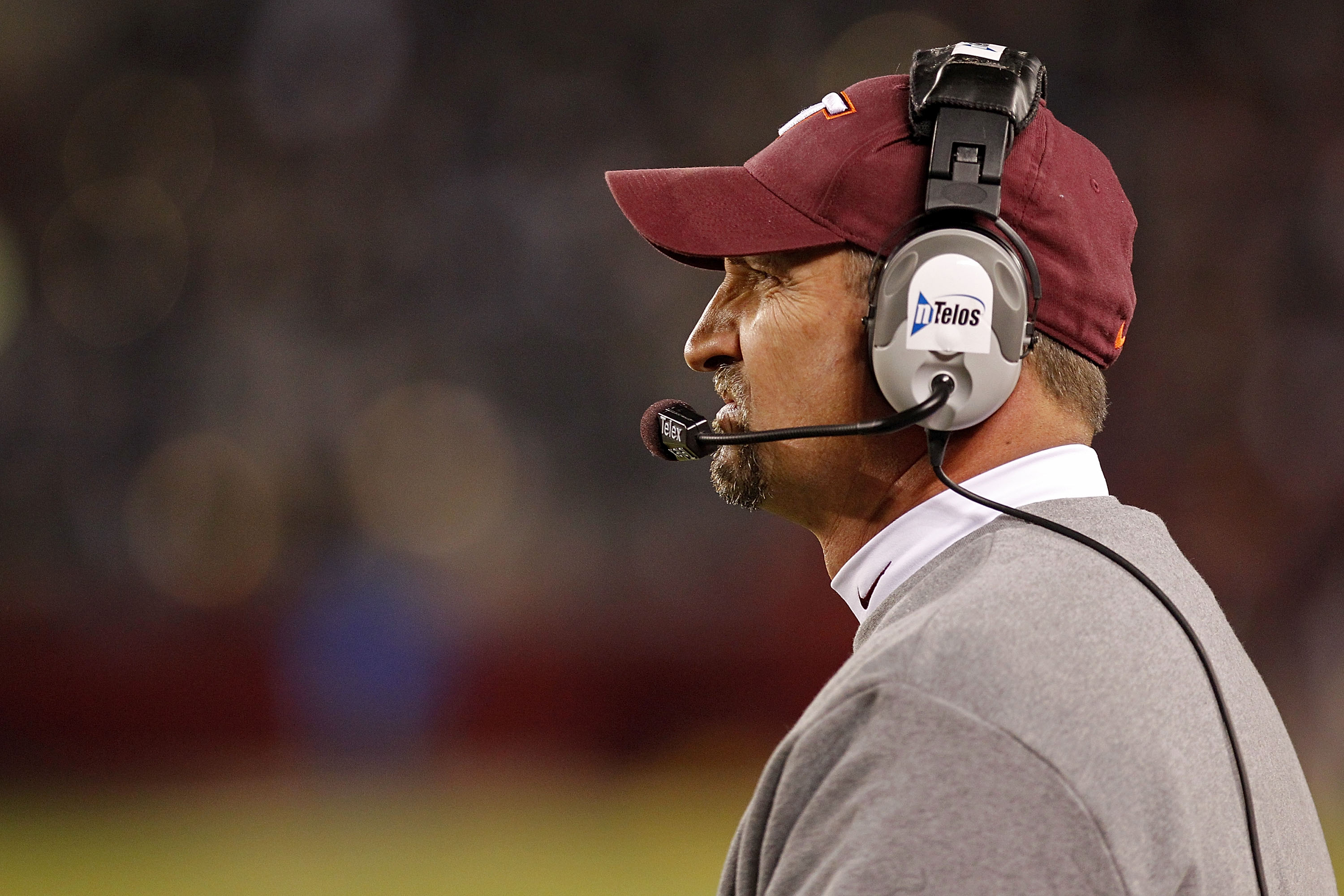 BLACKSBURG, VA - NOVEMBER 04: Defensive coordinator Bud Foster of the Virginia Tech Hokies watches from the sidelines against the Georgia Tech Yellow Jackets at Lane Stadium on November 4, 2010 in Blacksburg, Virginia.  (Photo by Geoff Burke/Getty Images)