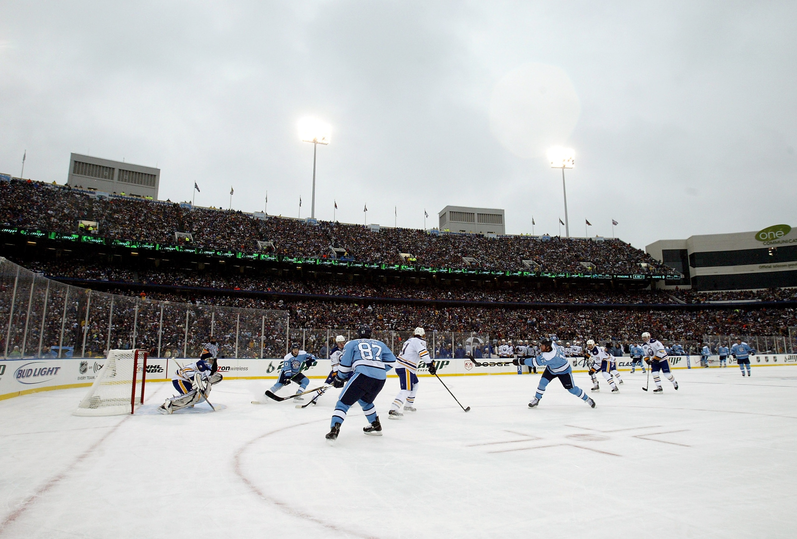 ORCHARD PARK, NY - JANUARY 01: Weather looms as the Buffalo Sabres get the puck out of their zone in the second period of the NHL Winter Classic against the Pittsburgh Penguins at the Ralph Wilson Stadium on January 1, 2008 in Orchard Park, New York. T ORCHARD PARK, NY - JANUARY 01: Weather looms as the Buffalo Sabres get the puck out of their zone in the second period of the NHL Winter Classic against the Pittsburgh Penguins at the Ralph Wilson Stadium on January 1, 2008 in Orchard Park, New York. T