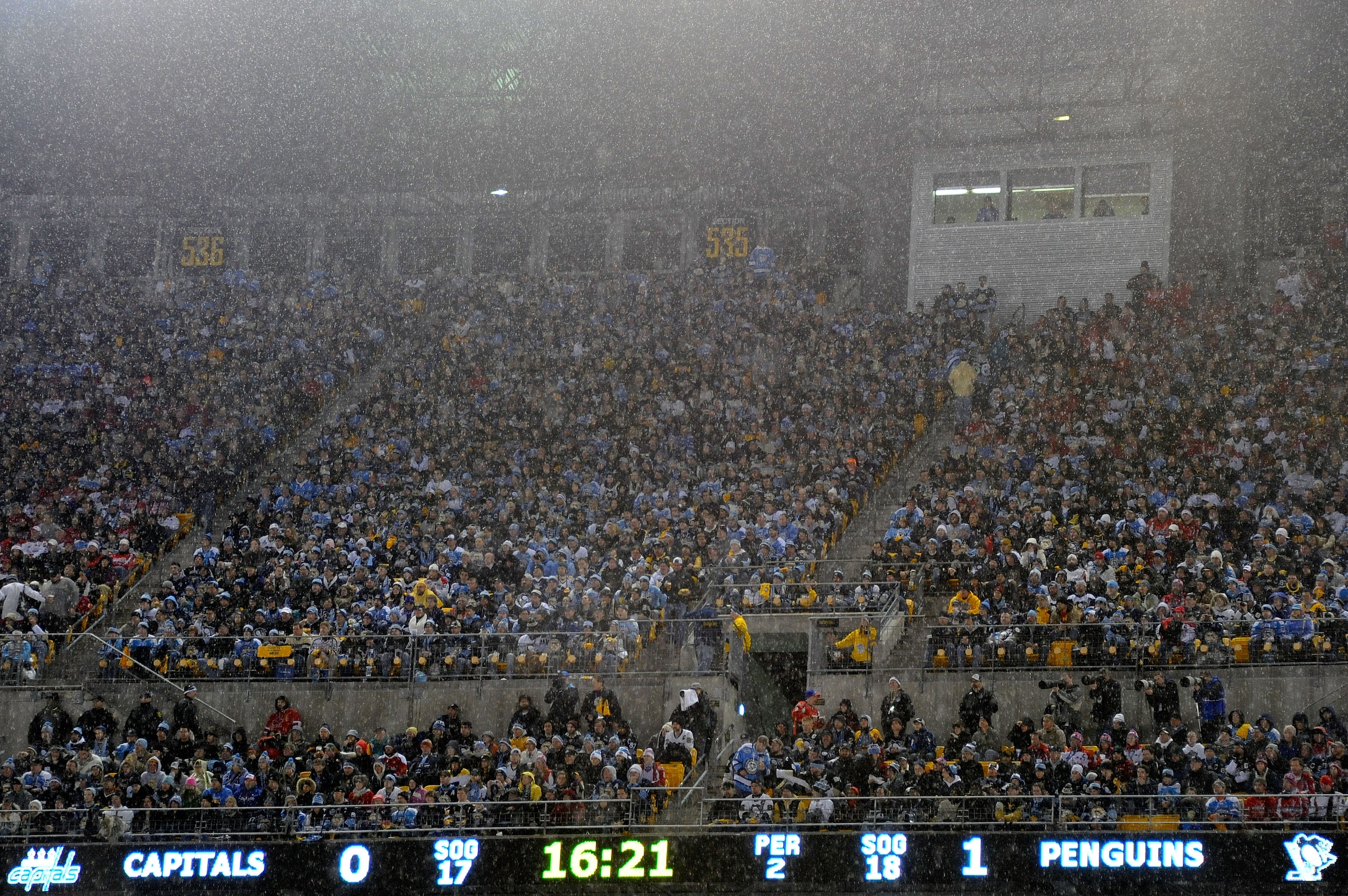 PITTSBURGH, PA - JANUARY 01:  Fans sit in the rain as they watch the Pittsburgh Penguins take on the Washington Capitals during the 2011 NHL Bridgestone Winter Classic at Heinz Field on January 1, 2011 in Pittsburgh, Pennsylvania.  (Photo by Jamie Sabau/G