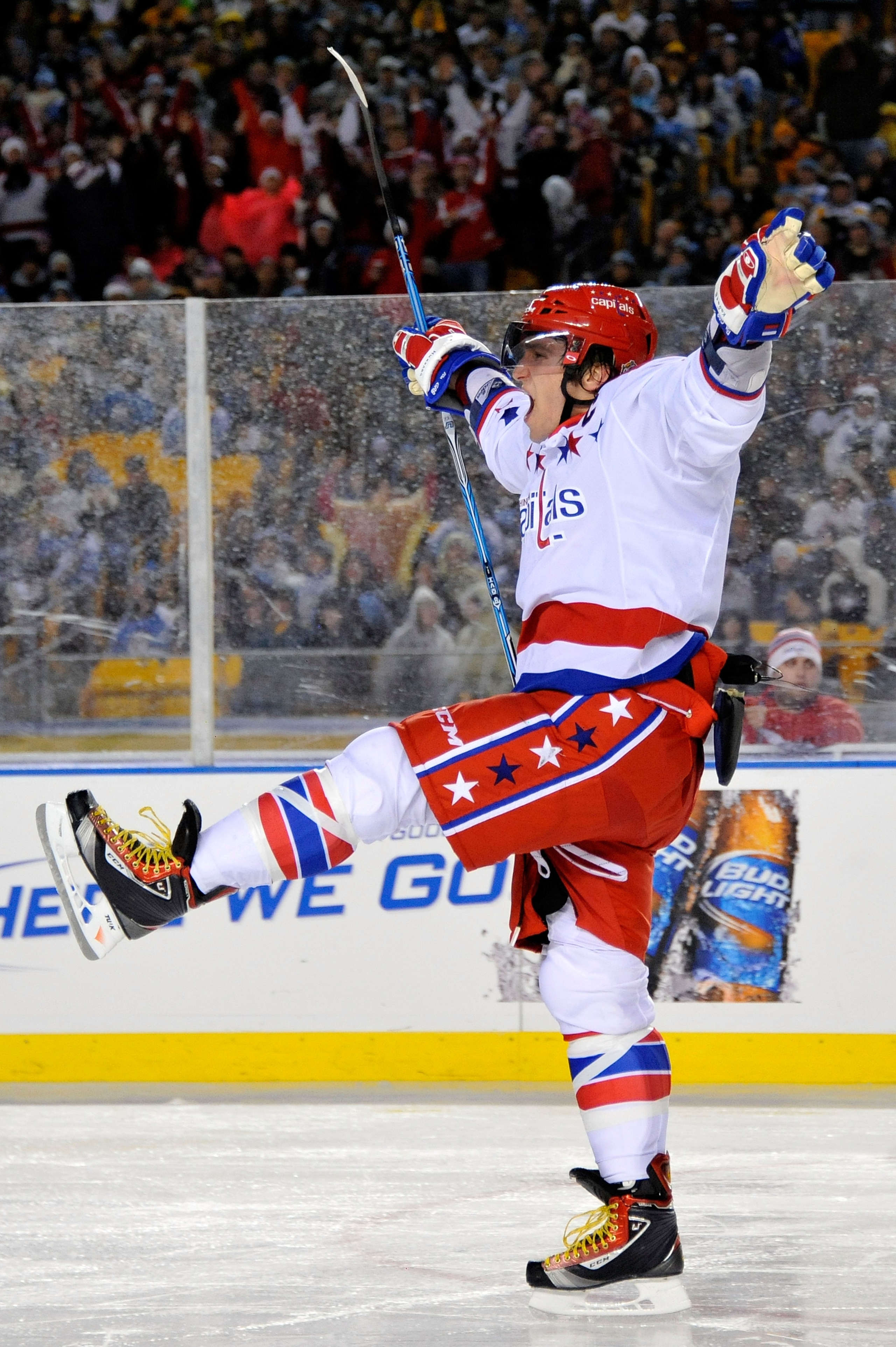 PITTSBURGH, PA - JANUARY 01:  Alex Ovechkin #8 of the Washington Capitals reacts to a shot on goal during the third period of the 2011 NHL Bridgestone Winter Classic at Heinz Field on January 1, 2011 in Pittsburgh, Pennsylvania.  (Photo by Jamie Sabau/Get