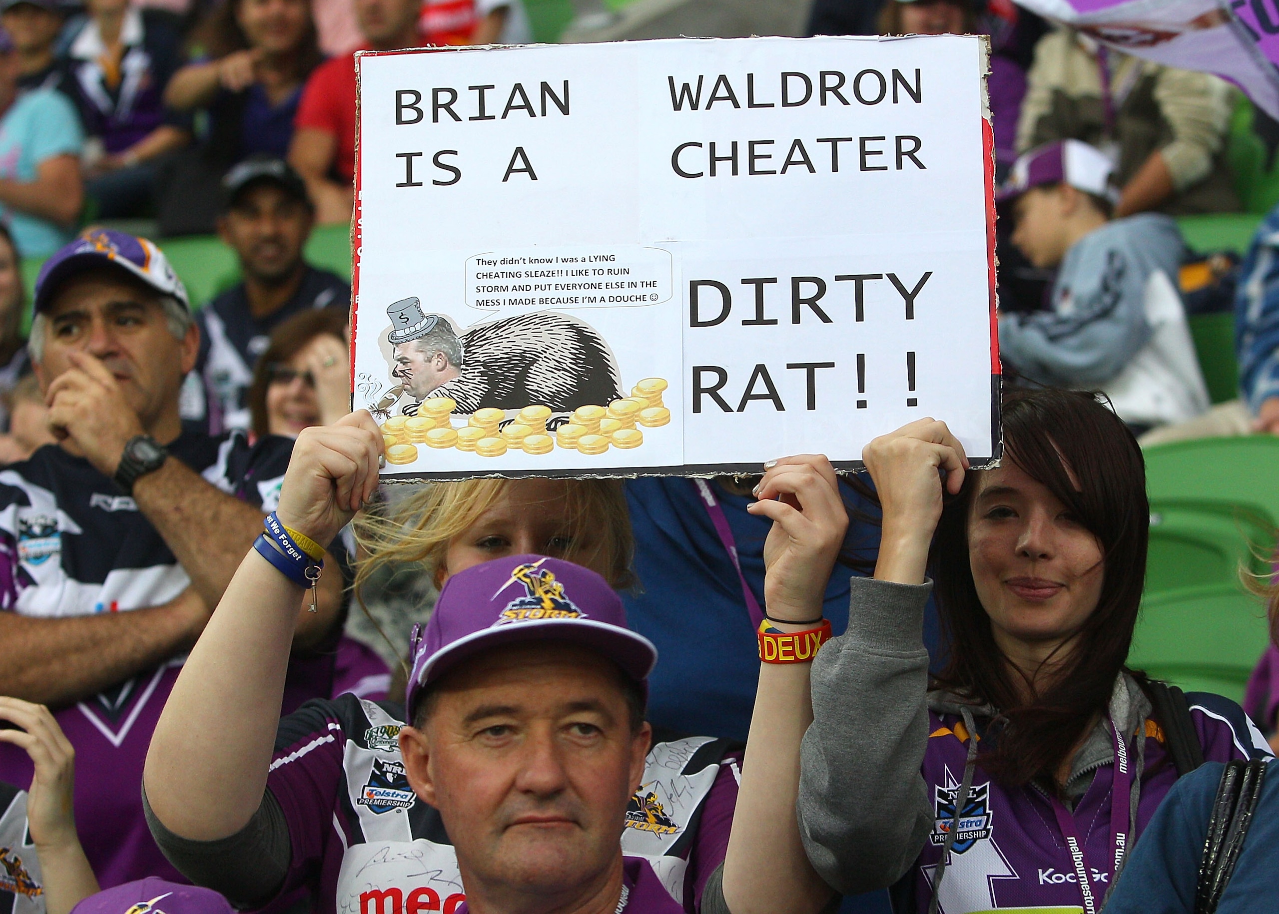 MELBOURNE, AUSTRALIA - APRIL 24:  Melbourne Storm fans show their support for their team during a Melbourne Storm NRL training session at AAMI Stadium on April 24, 2010 in Melbourne, Australia.  (Photo by Quinn Rooney/Getty Images)