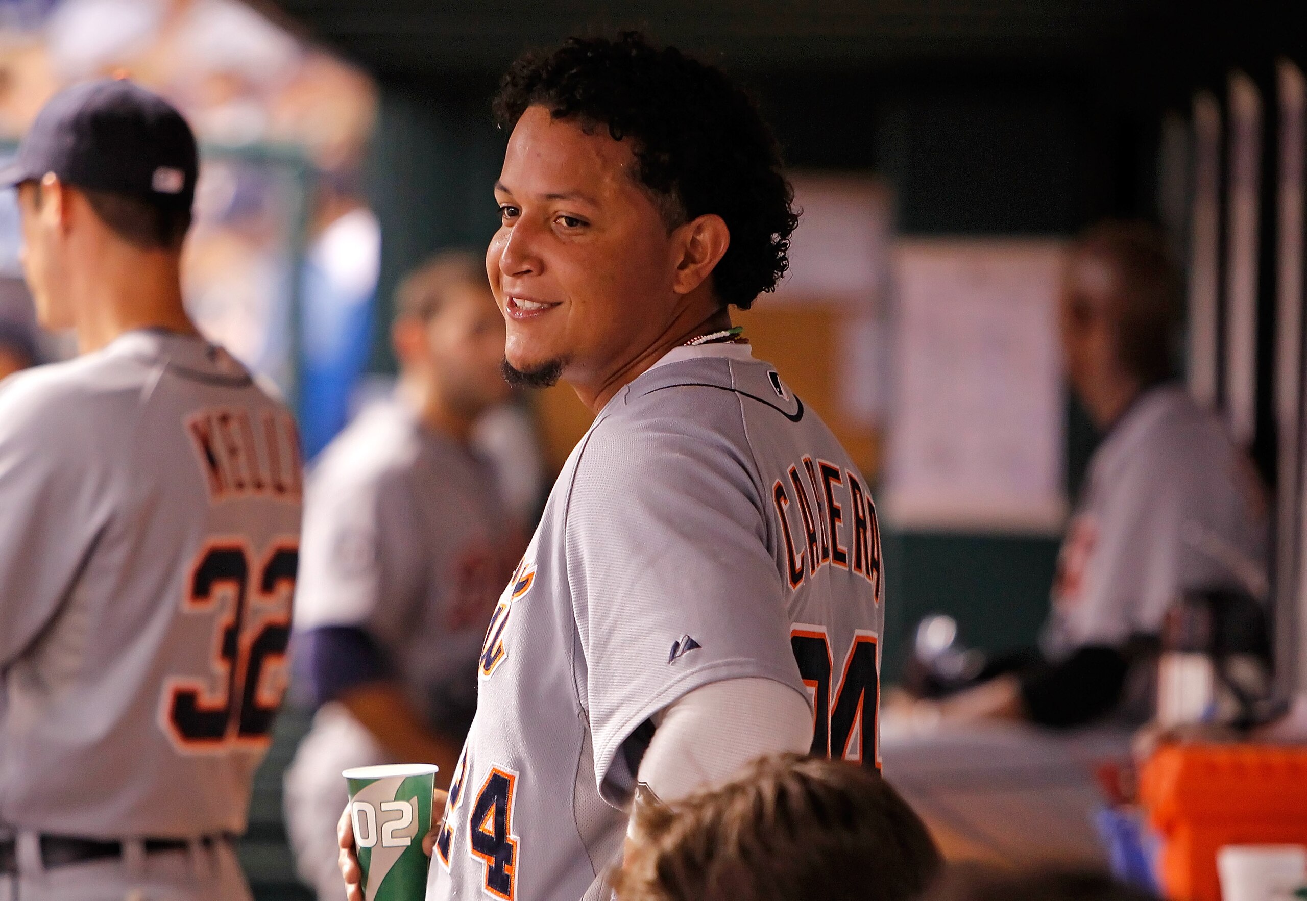 ST. PETERSBURG - JULY 27:  First baseman Miguel Cabrera #24 of the Detroit Tigers smiles in the dugout during the game against the Tampa Bay Rays at Tropicana Field on July 27, 2010 in St. Petersburg, Florida.  (Photo by J. Meric/Getty Images)