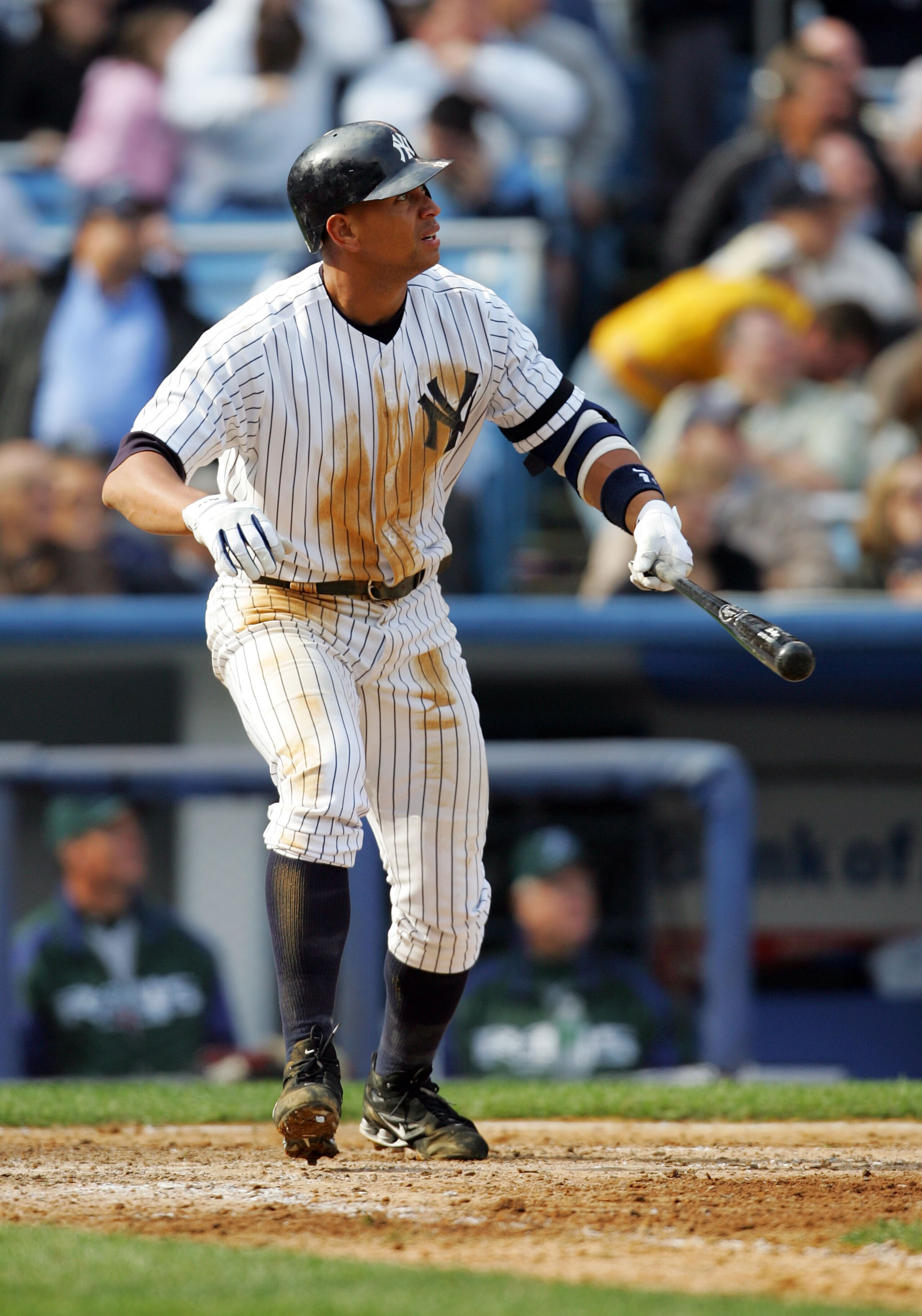 NEW YORK - APRIL 02:  Alex Rodriguez #13  of the New York Yankees watches his hit against Tampa Bay Devil Rays during their Opening Day game at Yankee Stadium April 2, 2007 in the Bronx borough of New York City. The Yankees defeated the Devil Rays, 9-5.