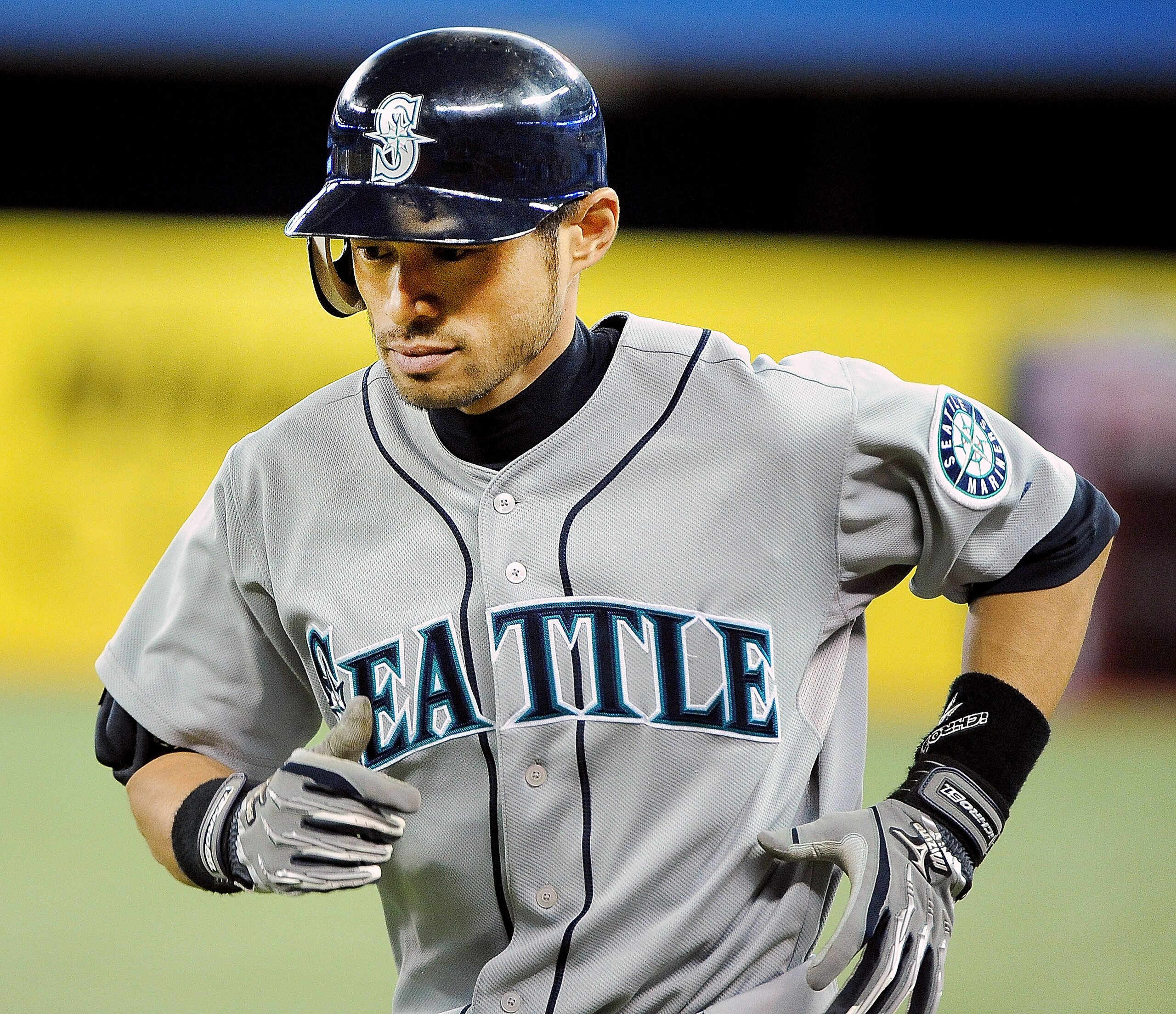 TORONTO, ON - SEPTEMBER 22: Ichiro Suzuki #51 of the Seattle Mariners runs in from the field after being thrown out at 1st base during a game against the Toronto Blue Jays on September 22, 2010 at the Rogers Centre in Toronto, Canada. (Photo by Matthew Ma