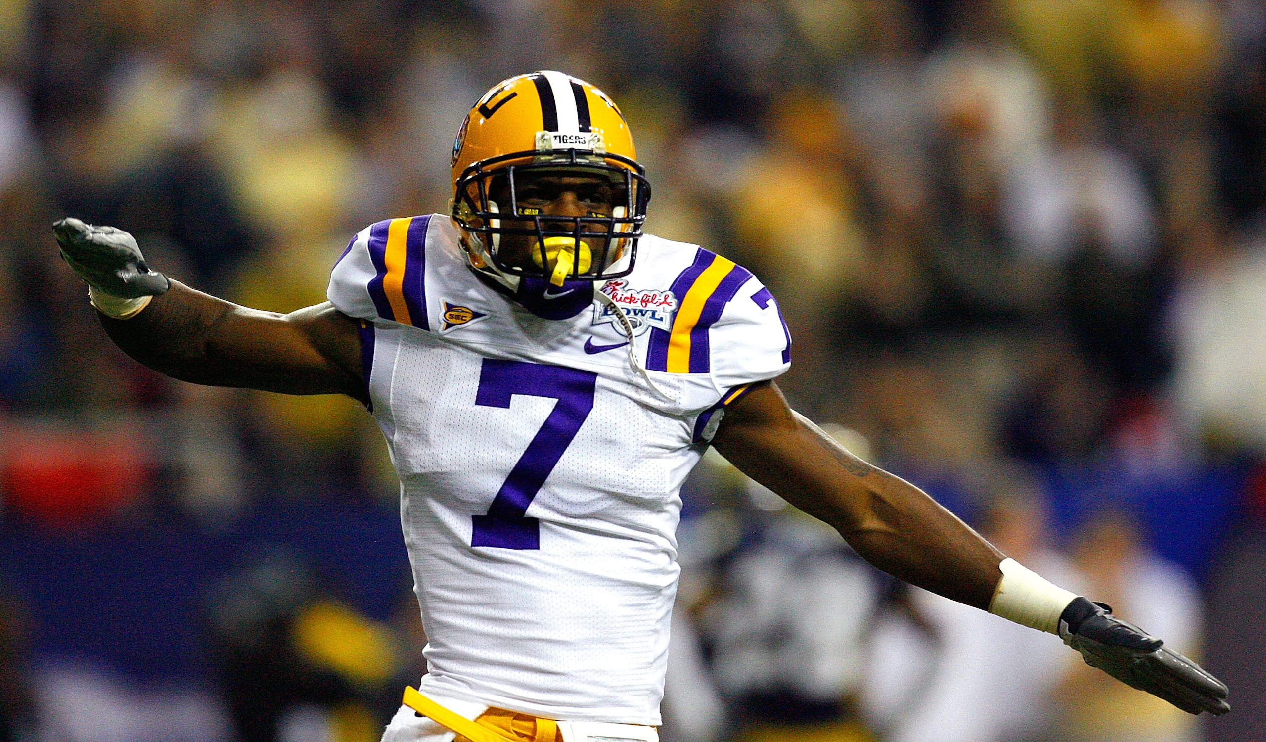 ATLANTA - DECEMBER 31: Cornerback Patrick Peterson #7 of the LSU Tigers reacts after forcing a fumble and turnover by the Georgia Tech Yellow Jackets during the Chick-fil-A Bowl on December 31, 2008 at the Georgia Dome in Atlanta, Georgia. (Photo by Kev ATLANTA - DECEMBER 31: Cornerback Patrick Peterson #7 of the LSU Tigers reacts after forcing a fumble and turnover by the Georgia Tech Yellow Jackets during the Chick-fil-A Bowl on December 31, 2008 at the Georgia Dome in Atlanta, Georgia. (Photo by Kev