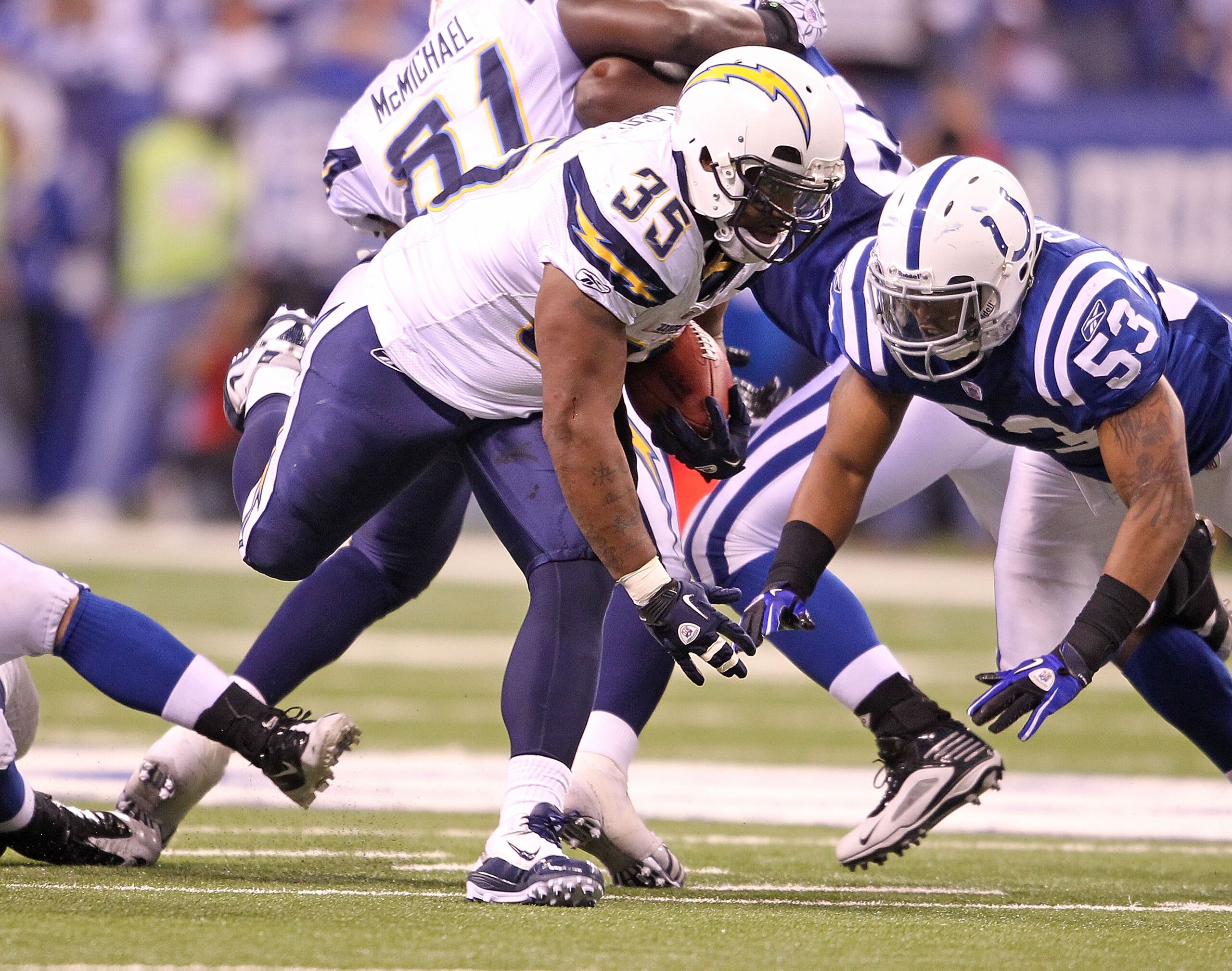 INDIANAPOLIS - NOVEMBER 28:  Mike Tolbert #35 of the San Diego Chargers runs with the ball during the NFL game against the Indianapolis Colts at Lucas Oil Stadium on November 28, 2010 in Indianapolis, Indiana.  (Photo by Andy Lyons/Getty Images)
