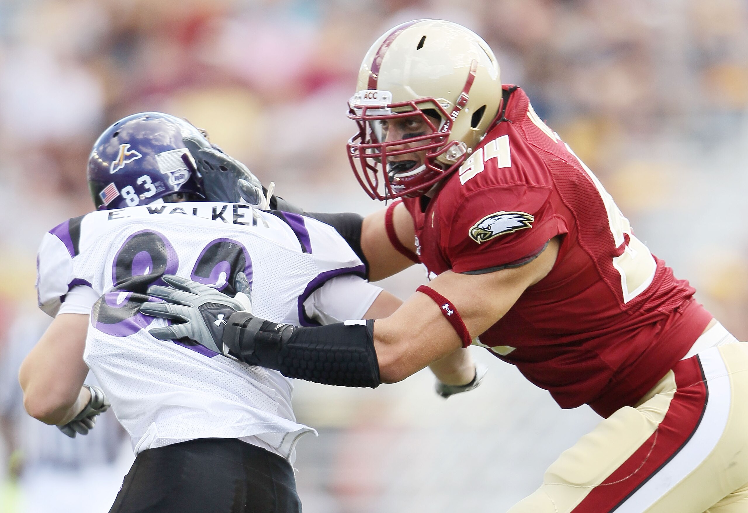CHESTNUT HILL, MA - SEPTEMBER 04:  Mark Herzlich #94 of the Boston College Eagles blocks Erik Walker #83 of the Weber State Wildcats on September 4, 2010 at Alumni Stadium in Chestnut Hill, Massachusetts. Boston College defeated Weber State 38-20.  (Photo