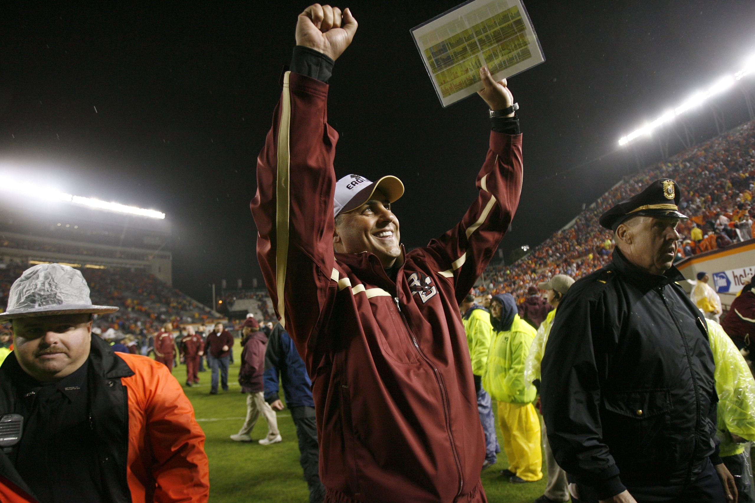 BLACKSBURG ? OCTOBER 25:  Head coach Jeff Jagodzinski of the Boston College Eagles throws his arms up in excitment over his teams victory during the game against the Virginia Tech Hokies at Lane Stadium on October 25, 2007 in Blacksburg, Virginia. (Photo