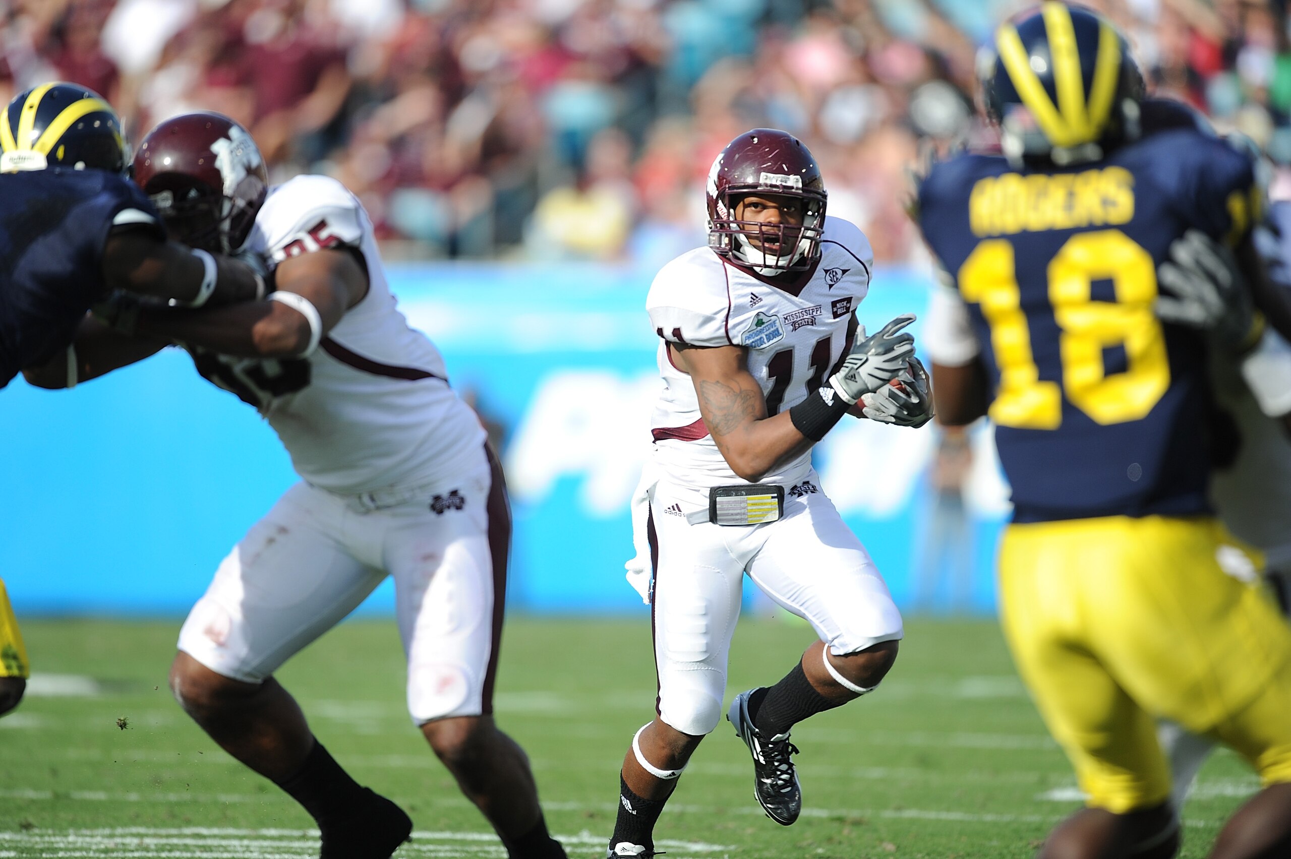 JACKSONVILLE, FL - JANUARY 01: Ricco Sanders #11 of the Mississippi State Bulldogs rushes against the Michigan Wolverines during the Gator Bowl at EverBank Field on January 1, 2011 in Jacksonville, Florida (Photo by Rick Dole/Getty Images) JACKSONVILLE, FL - JANUARY 01: Ricco Sanders #11 of the Mississippi State Bulldogs rushes against the Michigan Wolverines during the Gator Bowl at EverBank Field on January 1, 2011 in Jacksonville, Florida (Photo by Rick Dole/Getty Images)