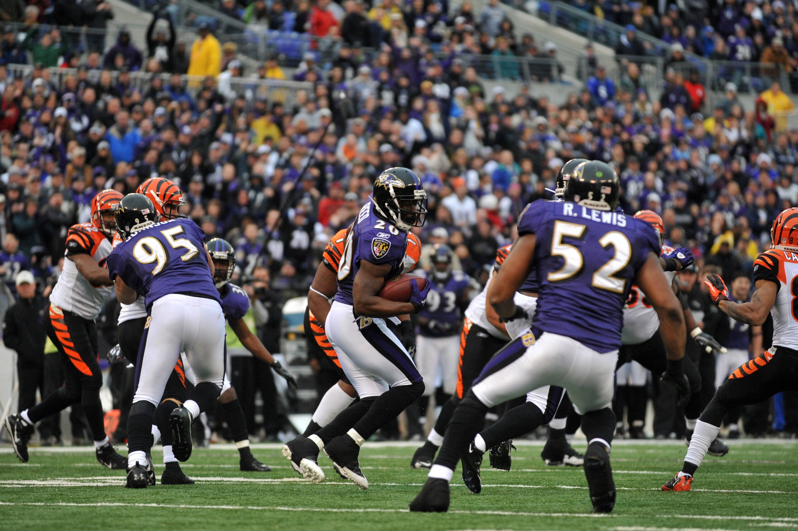 BALTIMORE, MD - JANUARY 2:  Ed Reed #20 of the Baltimore Ravens returns a last second endzone interception in the first half of the game against the Cincinnati Bengals  at M&T Bank Stadium on January 2, 2011 in Baltimore, Maryland. The Ravens defeated the