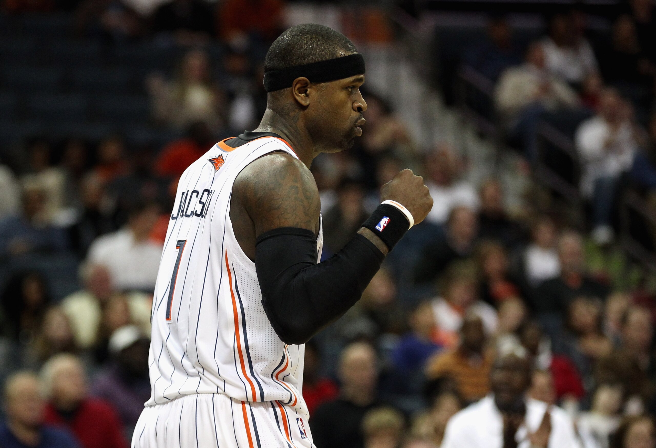 CHARLOTTE, NC - DECEMBER 29:  Stephen Jackson #1 of the Charlotte Bobcats pumps his fist as he reacts to a play against the Cleveland Cavaliers during their game at Time Warner Cable Arena on December 29, 2010 in Charlotte, North Carolina. NOTE TO USER: U