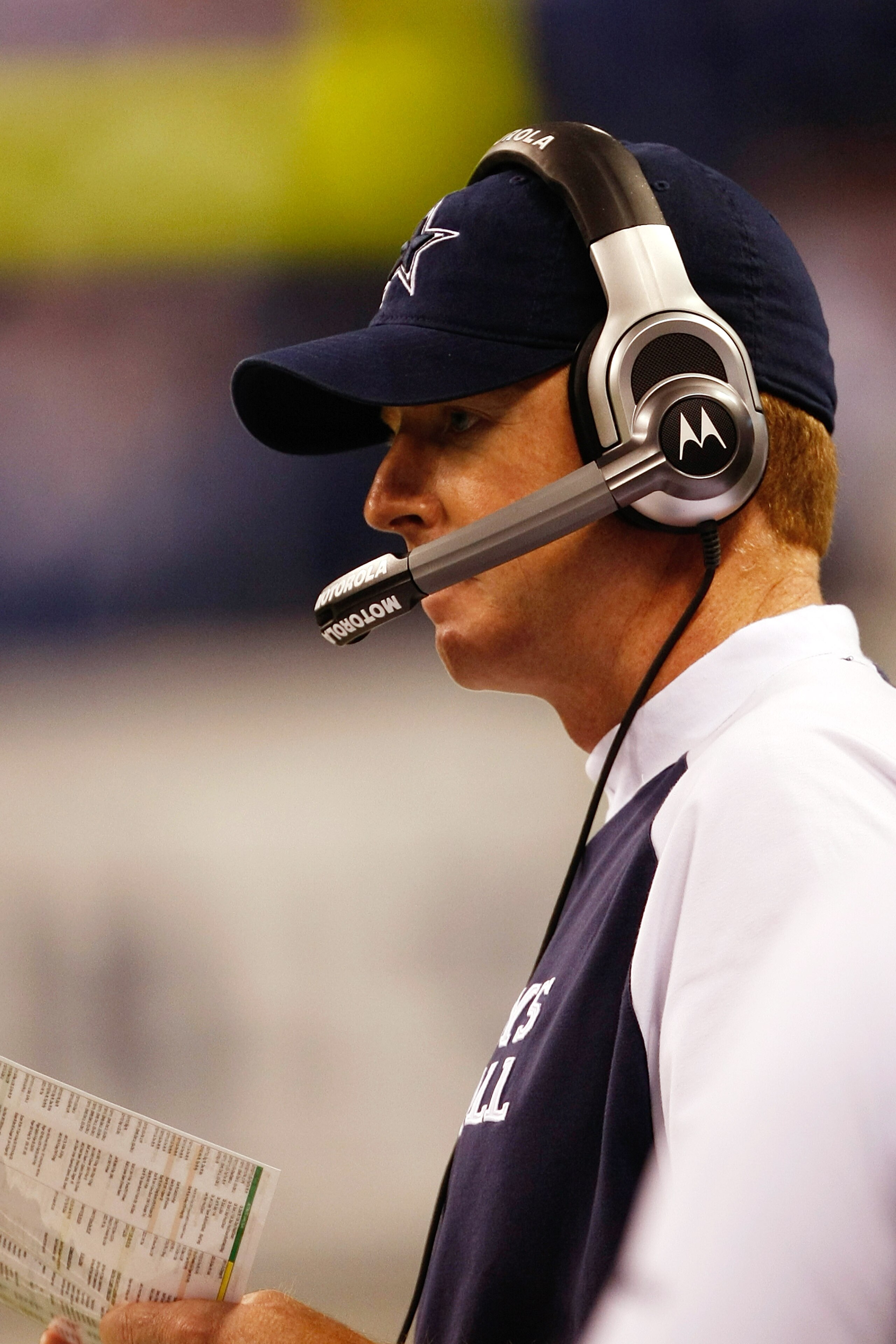 INDIANAPOLIS, IN - DECEMBER 05: Jason Garrett of the Dallas Cowboys looks on against the Indianapolis Colts at Lucas Oil Stadium on December 5, 2010 in Indianapolis, Indiana. The Cowboys defeated the Colts 38-35 in overtime.  (Photo by Scott Boehm/Getty I