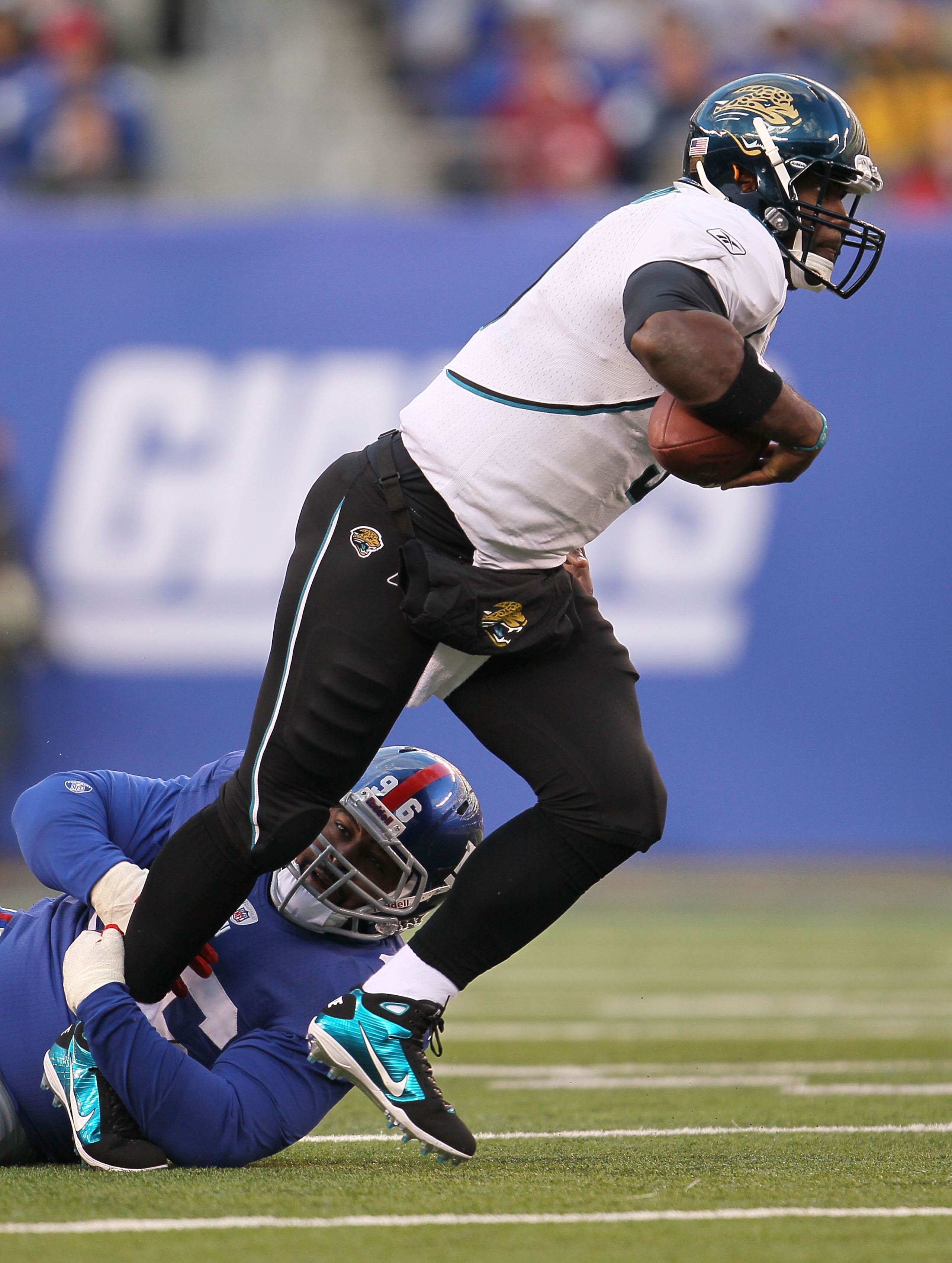 EAST RUTHERFORD, NJ - NOVEMBER 28: David Garrard #9 of the Jacksonville Jaguars is sacked by Barry Cofield #96 of the New York Giants at New Meadowlands Stadium on November 28, 2010 in East Rutherford, New Jersey. (Photo by Chris McGrath/Getty Images) EAST RUTHERFORD, NJ - NOVEMBER 28: David Garrard #9 of the Jacksonville Jaguars is sacked by Barry Cofield #96 of the New York Giants at New Meadowlands Stadium on November 28, 2010 in East Rutherford, New Jersey. (Photo by Chris McGrath/Getty Images)