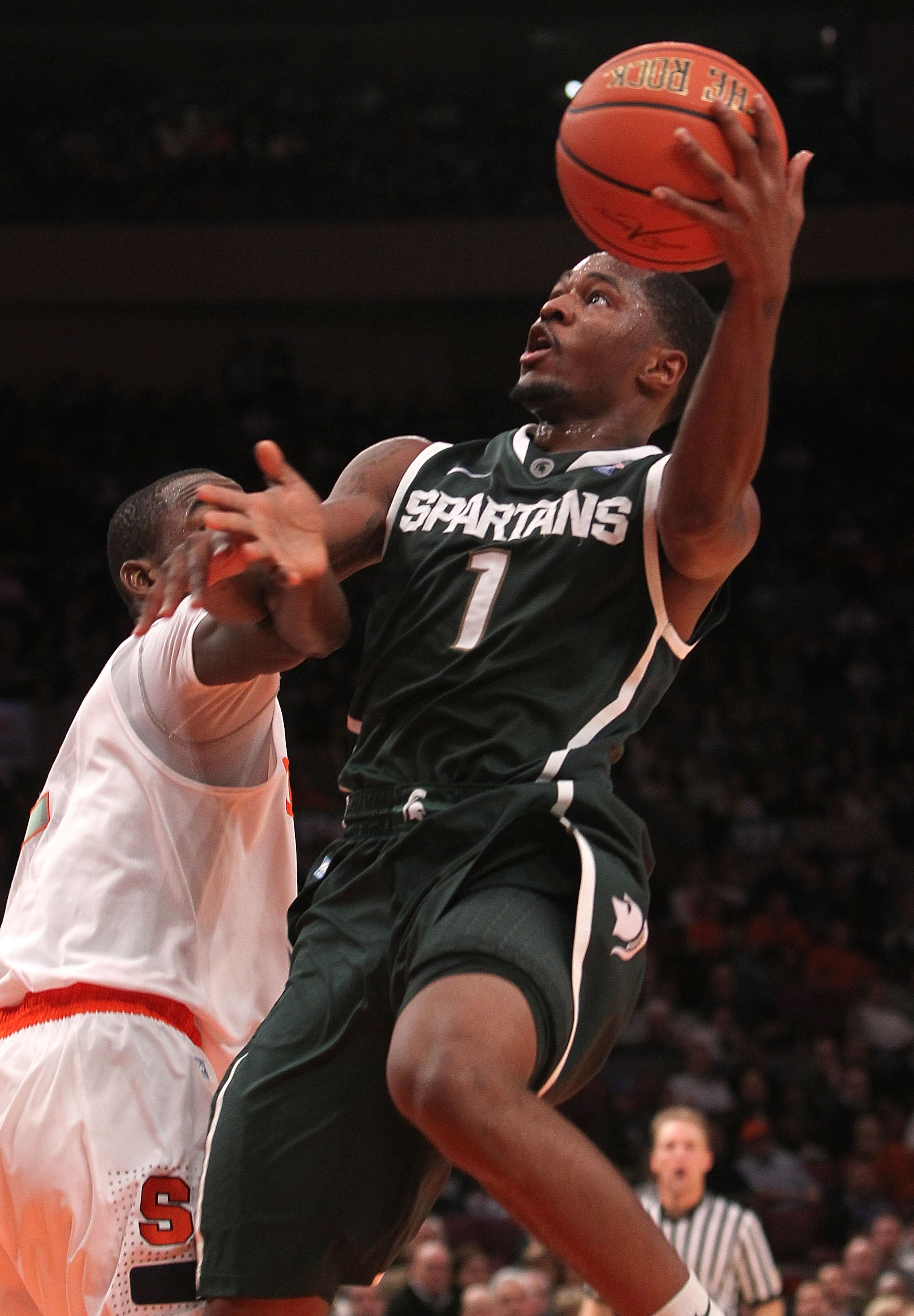 NEW YORK, NY - DECEMBER 07: Kalin Lucas #1 of the Michigan Spartans lays the ball up against Syracuse Orange during their game at the Jimmy V Classic at Madison Square Garden on December 7, 2010 in New York City. (Photo by Nick Laham/Getty Images) NEW YORK, NY - DECEMBER 07: Kalin Lucas #1 of the Michigan Spartans lays the ball up against Syracuse Orange during their game at the Jimmy V Classic at Madison Square Garden on December 7, 2010 in New York City. (Photo by Nick Laham/Getty Images)