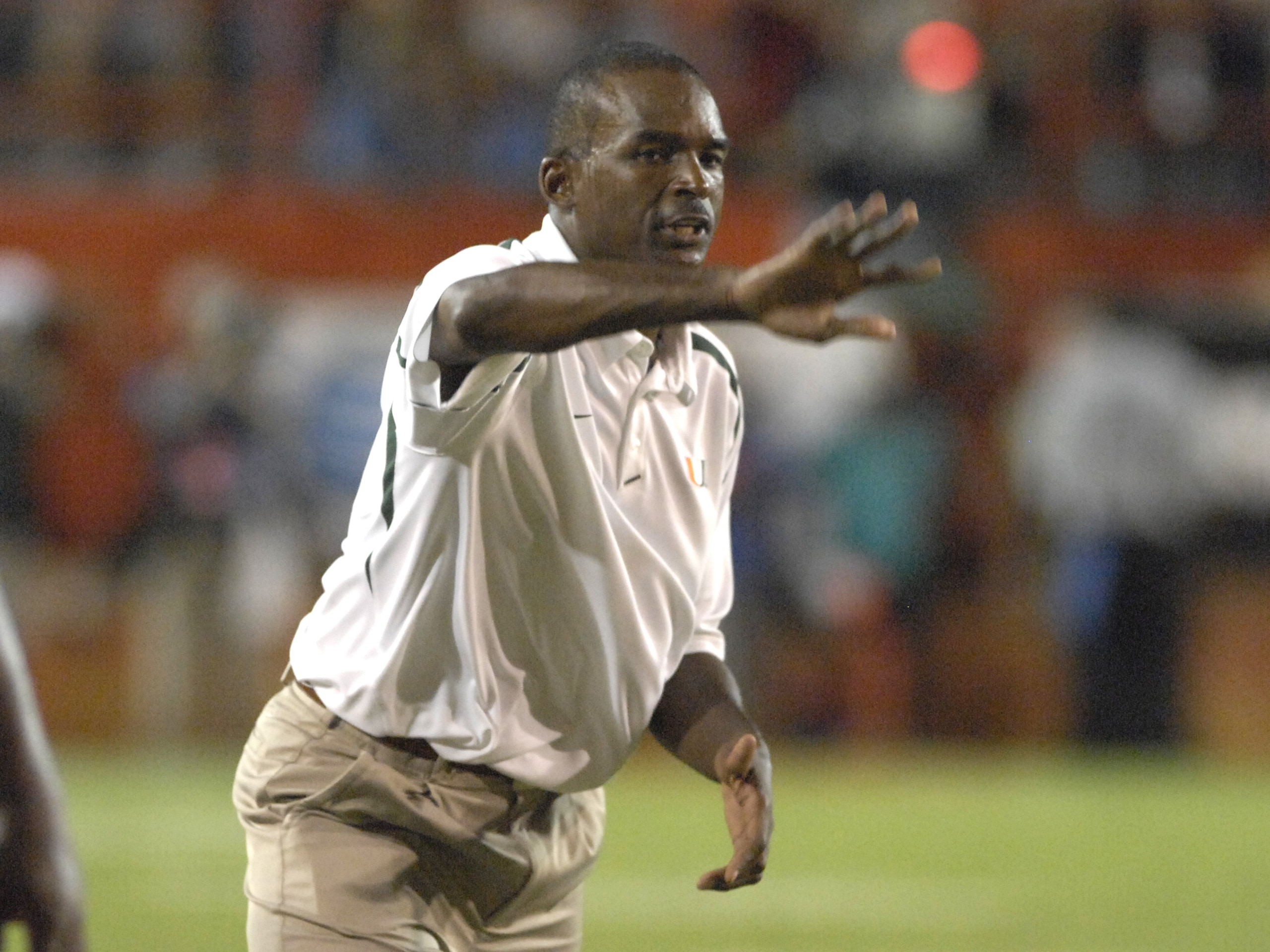MIAMI, FL - SEPTEMBER 20: Coach Randy Shannon of the University of Miami Hurricanes signals a play against Texas A&M Aggies at the Orange Bowl on September 20, 2007 in Miami, Florida. Miami won 31-17. (Photo by Al Messerschmidt/Getty Images) MIAMI, FL - SEPTEMBER 20: Coach Randy Shannon of the University of Miami Hurricanes signals a play against Texas A&M Aggies at the Orange Bowl on September 20, 2007 in Miami, Florida. Miami won 31-17. (Photo by Al Messerschmidt/Getty Images)