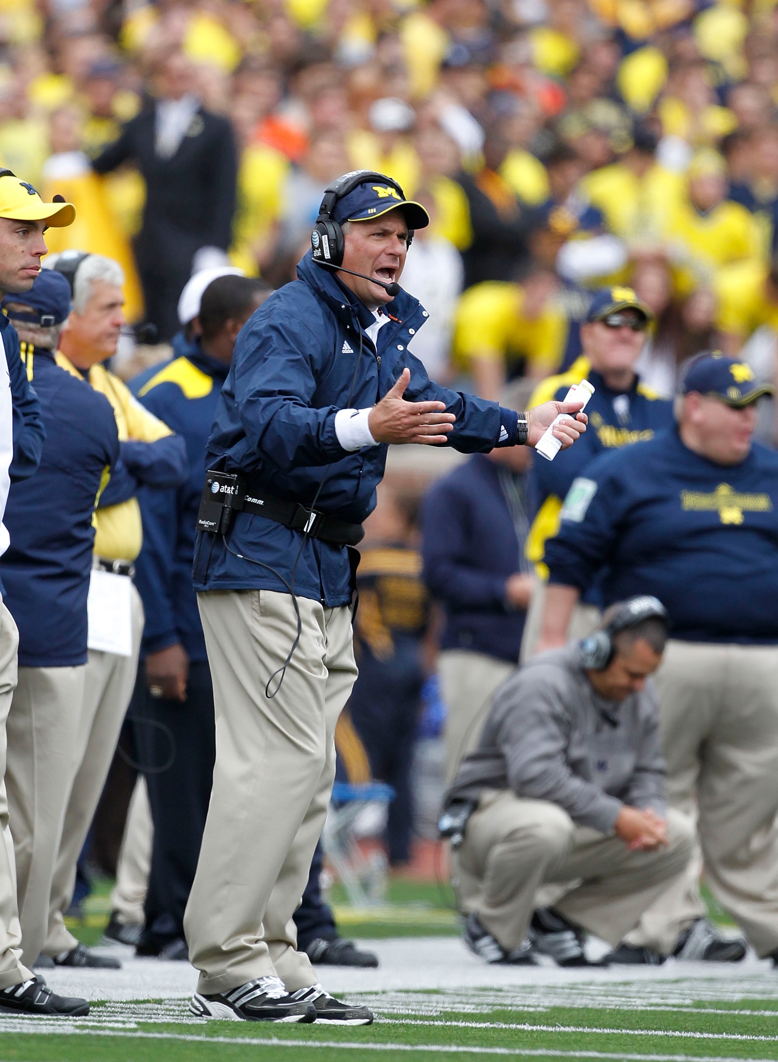 ANN ARBOR, MI - SEPTEMBER 25: Michigan Head Coach Rich Rodriguez reacts to a play during the second quarter of the game against Bowling Green on September 25, 2010 at Michigan Stadium in Ann Arbor, Michigan. Michigan defeated Bowling Green 65-21. (Photo ANN ARBOR, MI - SEPTEMBER 25: Michigan Head Coach Rich Rodriguez reacts to a play during the second quarter of the game against Bowling Green on September 25, 2010 at Michigan Stadium in Ann Arbor, Michigan. Michigan defeated Bowling Green 65-21. (Photo