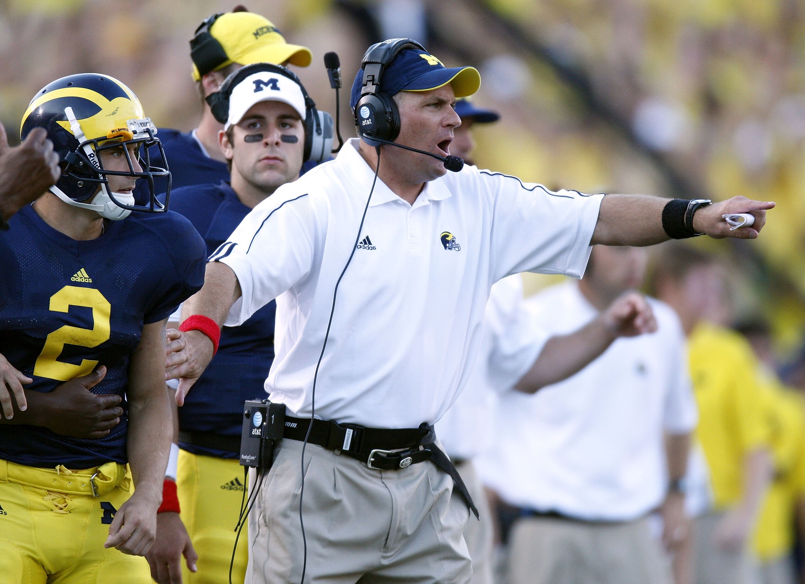 ANN ARBOR, MI - SEPTEMBER 27: Head coach Rich Rodriguez of the Michigan Wolverines reacts after fourth quarter play while playing the Wisconsin Badgers on September 27, 2008 at Michigan Stadium in Ann Arbor, Michigan. (Photo by Gregory Shamus/Getty Images ANN ARBOR, MI - SEPTEMBER 27: Head coach Rich Rodriguez of the Michigan Wolverines reacts after fourth quarter play while playing the Wisconsin Badgers on September 27, 2008 at Michigan Stadium in Ann Arbor, Michigan. (Photo by Gregory Shamus/Getty Images