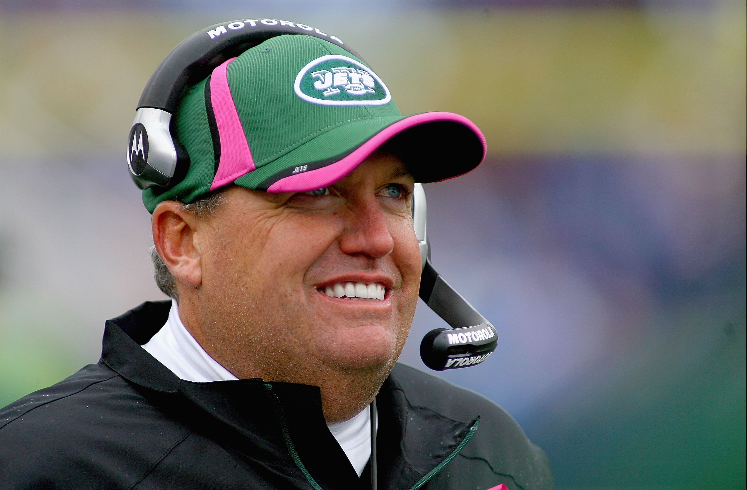 ORCHARD PARK, NY - OCTOBER 03:  Rex Ryan, head coach  of the New York Jets stands on the sidelines against the Buffalo Bills at Ralph Wilson Stadium on October 3, 2010 in Orchard Park, New York. The Jets won 38-14.  (Photo by Rick Stewart/Getty Images)