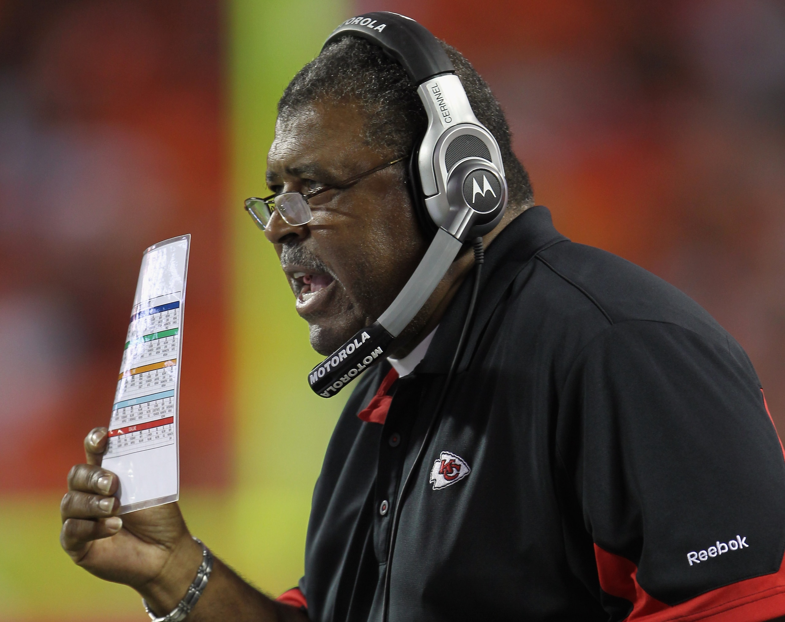 KANSAS CITY, MO - SEPTEMBER 02: Defensive Coordinator Romeo Crennel of the Kansas City Chiefs looks on from the sidelines during the game against the Green Bay Packers on September 2, 2010 at Arrowhead Stadium in Kansas City, Missouri. (Photo by Jamie KANSAS CITY, MO - SEPTEMBER 02: Defensive Coordinator Romeo Crennel of the Kansas City Chiefs looks on from the sidelines during the game against the Green Bay Packers on September 2, 2010 at Arrowhead Stadium in Kansas City, Missouri. (Photo by Jamie