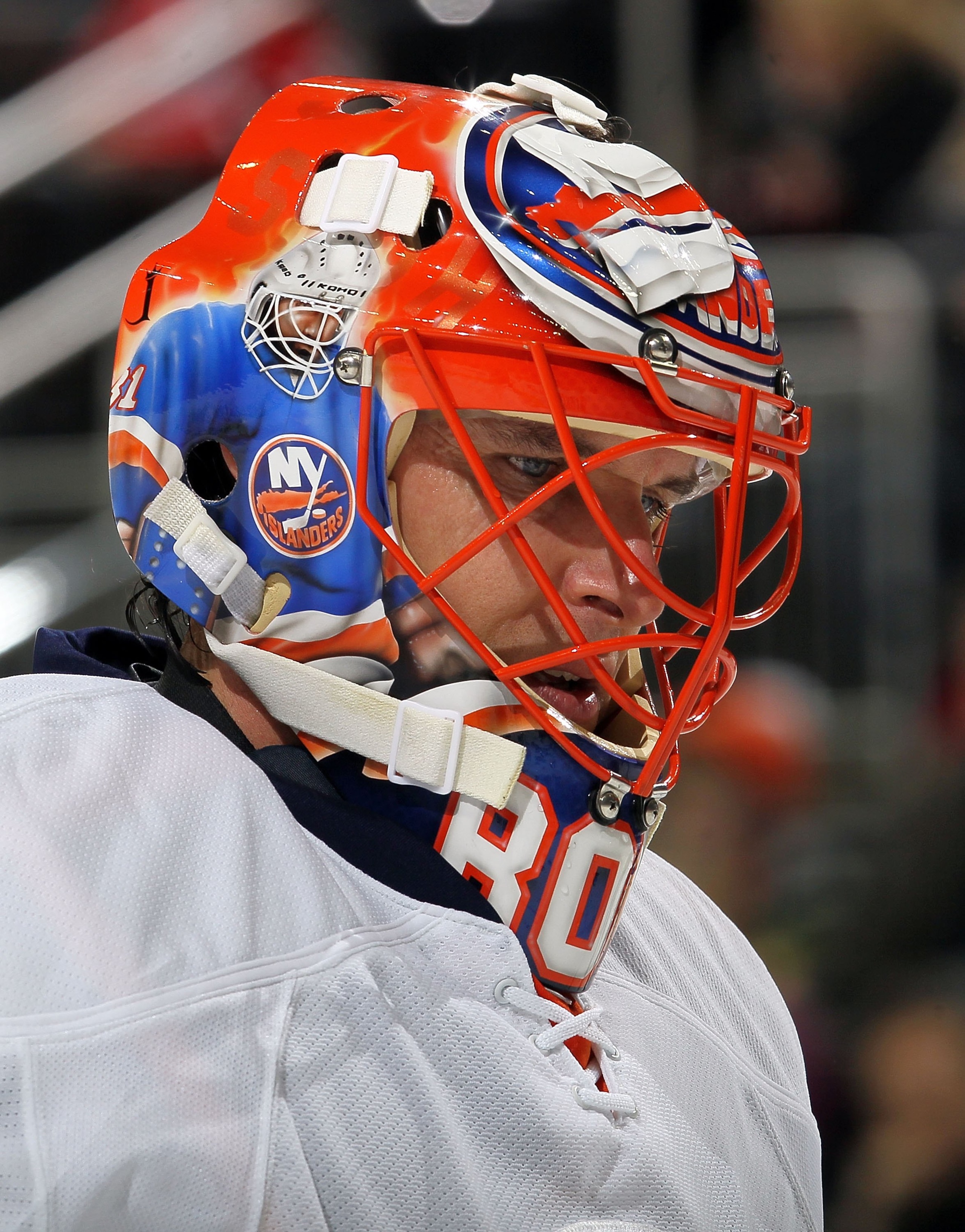 NEWARK, NJ - DECEMBER 23:  Dwayne Roloson #30 of the New York Islanders looks on against the New Jersey Devils at the Prudential Center on December 23, 2010 in Newark, New Jersey.  (Photo by Jim McIsaac/Getty Images)