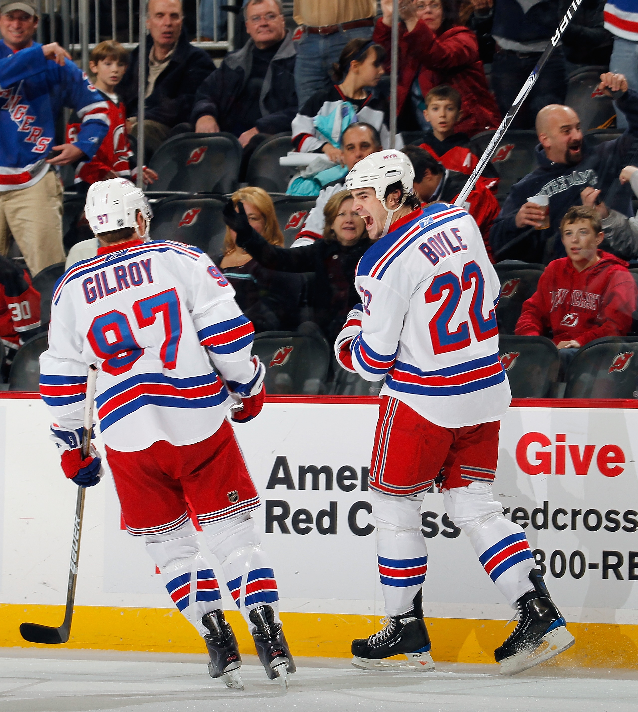 NEWARK, NJ - DECEMBER 29:  Brian Boyle #22 of the New York Rangers celebrates a goal against the New Jersey Devils  on December 29, 2010 at the Prudential Center in Newark, New Jersey. The Rangers won 3-1.  (Photo by Lou Capozzola/Getty Images)