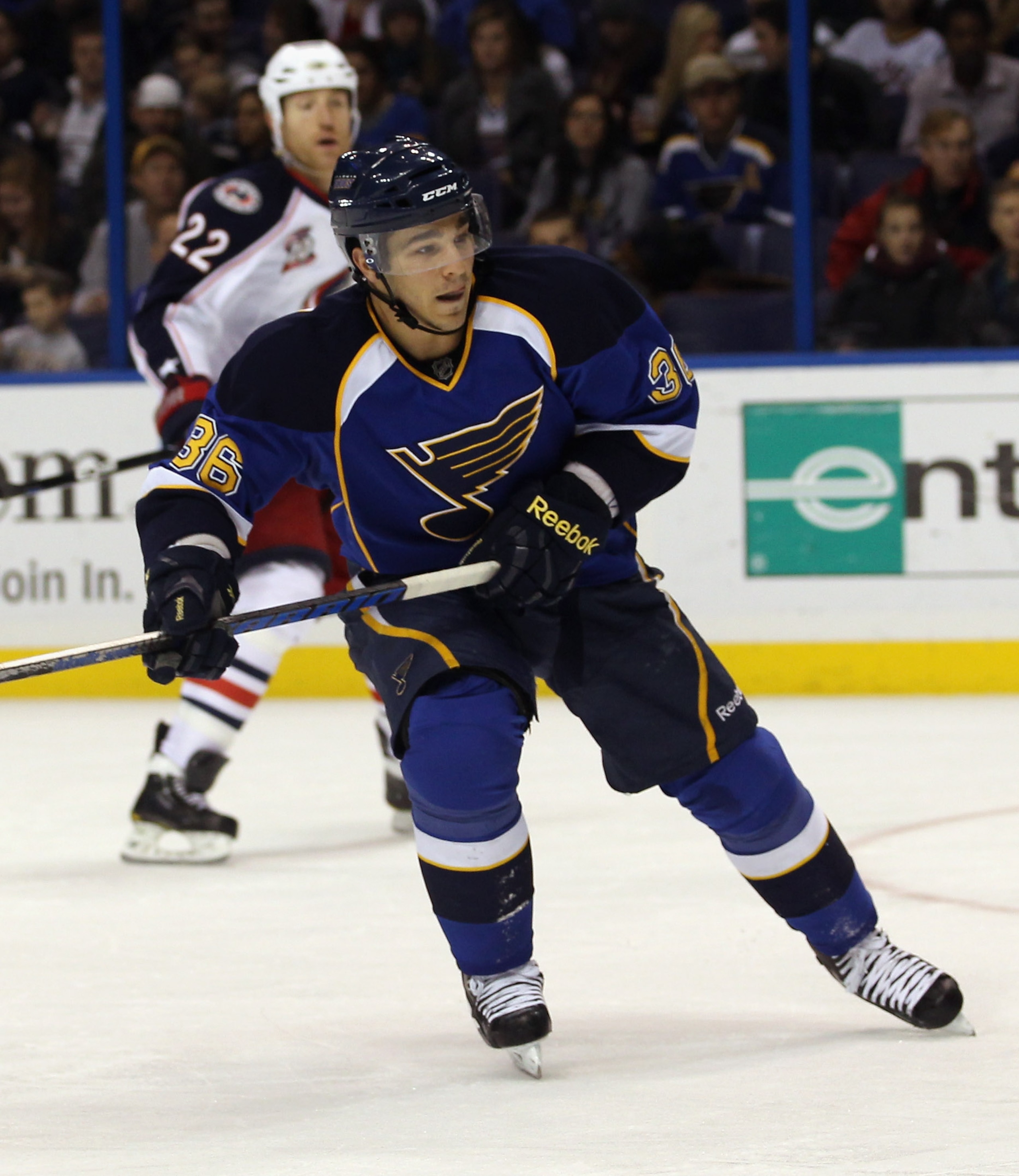 ST LOUIS, MO - DECEMBER 09:  Matt D'Agostini #36 of the St. Louis Blues skates against the Columbus Blue Jackets at the Scottrade Center on December 9, 2010 in St Louis, Missouri. The Blues defeated The Blue Jackets 4-1.  (Photo by Bruce Bennett/Getty Ima