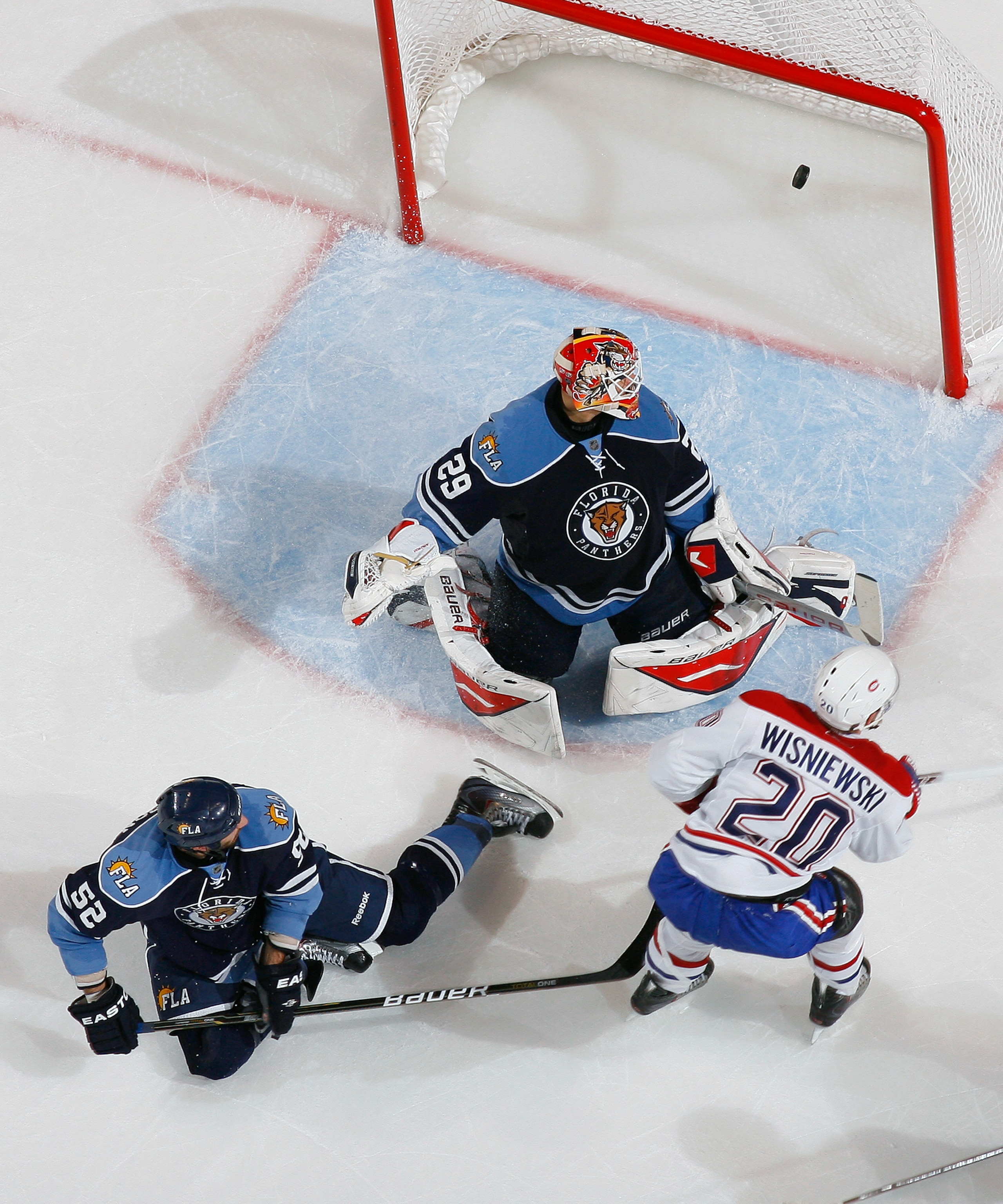 SUNRISE, FL - DECEMBER 31: James Wisniewski #20 of the Montreal Canadiens scores the winning goal in overtime against the Florida Panthers on December 31, 2010 at the BankAtlantic Center in Sunrise, Florida. The Canadiens defeated he Panthers 3-2 in overt