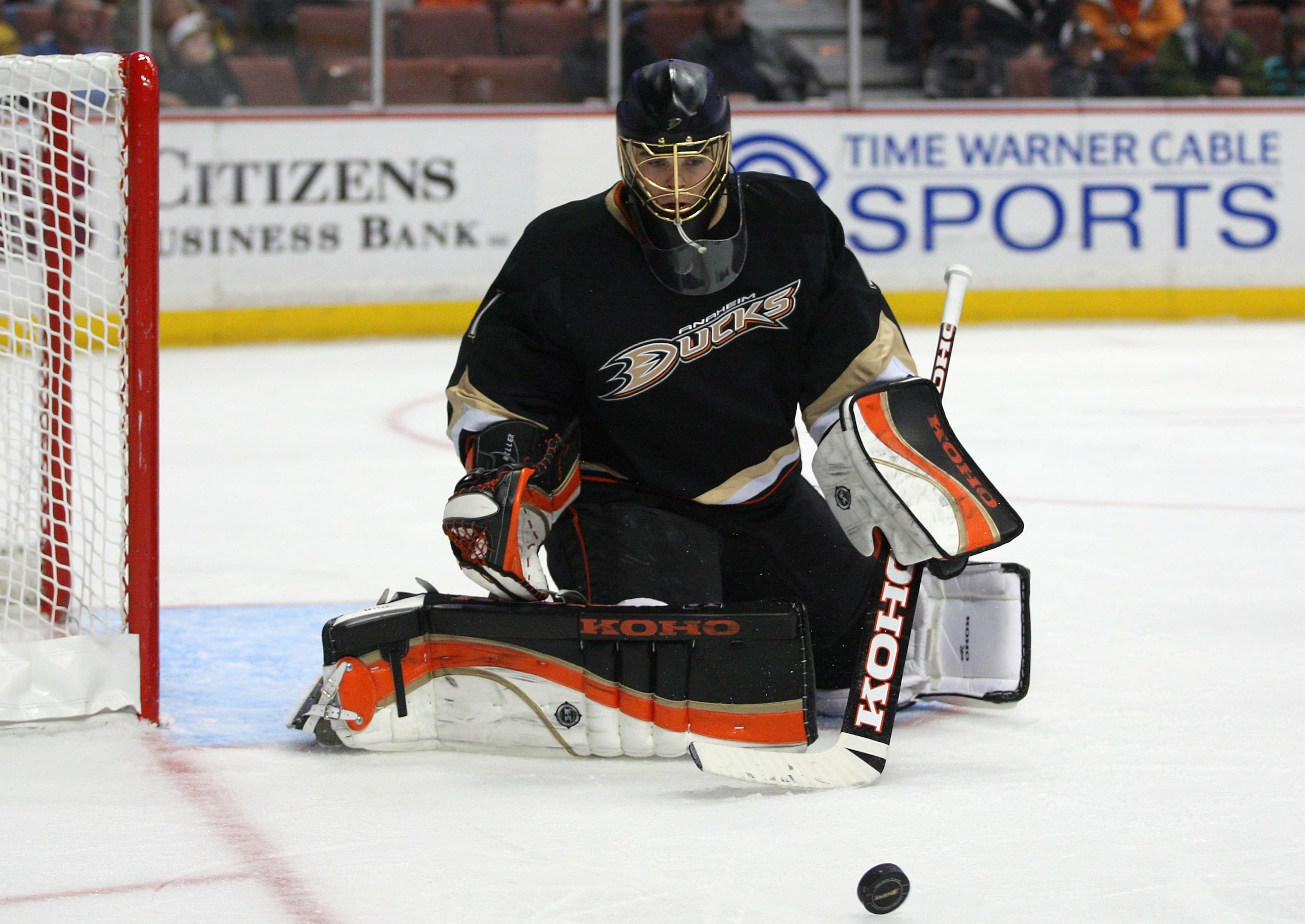 ANAHEIM, CA - JANUARY 02:  Goaltender Jonas Hiller #1 of the Anaheim Ducks makes a save in the second period during the NHL game against the Chicago Blackhawks at Honda Center on January 2, 2011 in Anaheim, California. The Ducks defeated the Blackhawks 2-