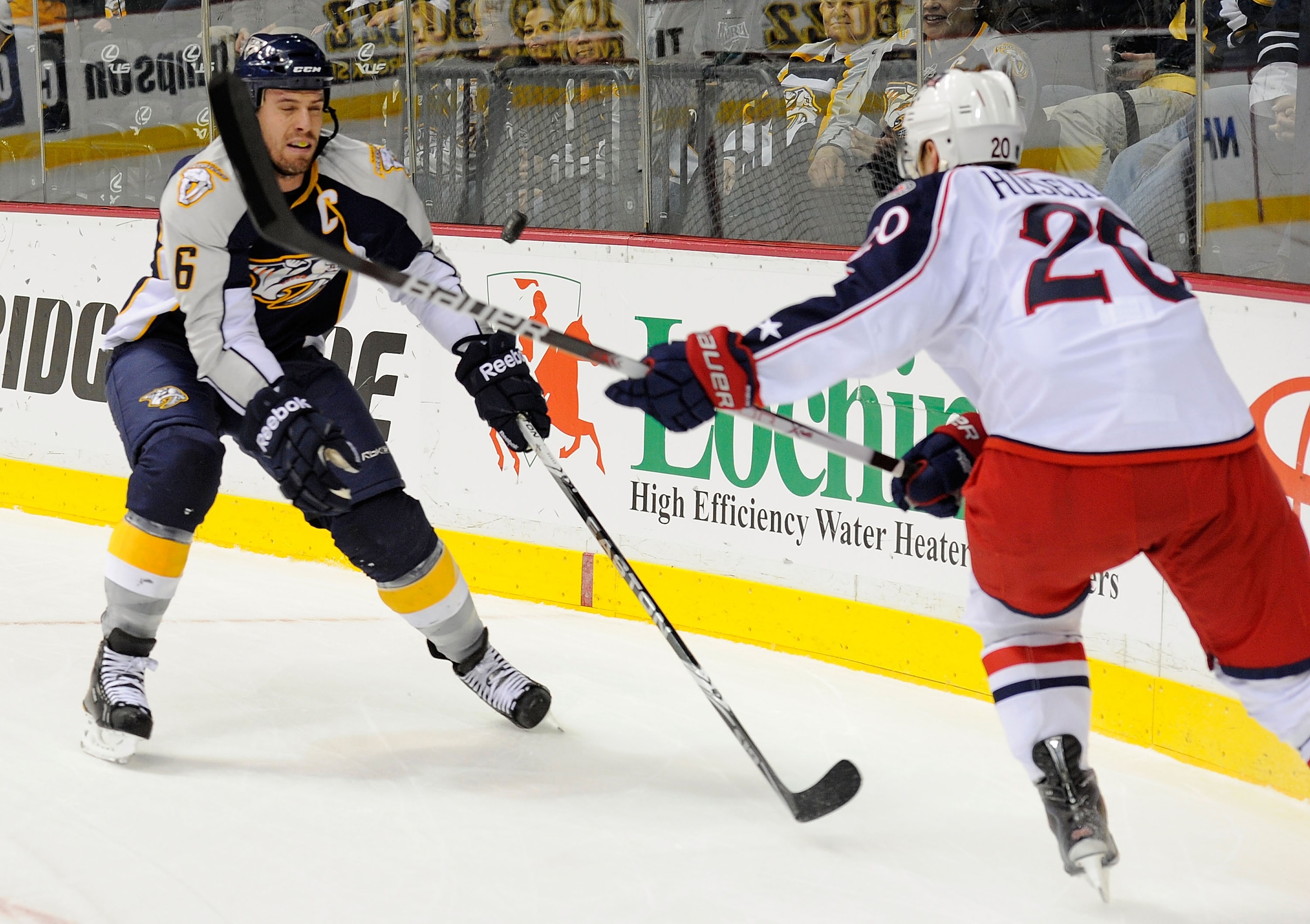NASHVILLE, TN - JANUARY 02:  Shea Weber #6 of the Nashville Predators skates against Kristian Huselius #20 of the Columbus Blue Jackets on January 2, 2011 at the Bridgestone Arena in Nashville, Tennessee.  (Photo by Frederick Breedon/Getty Images)