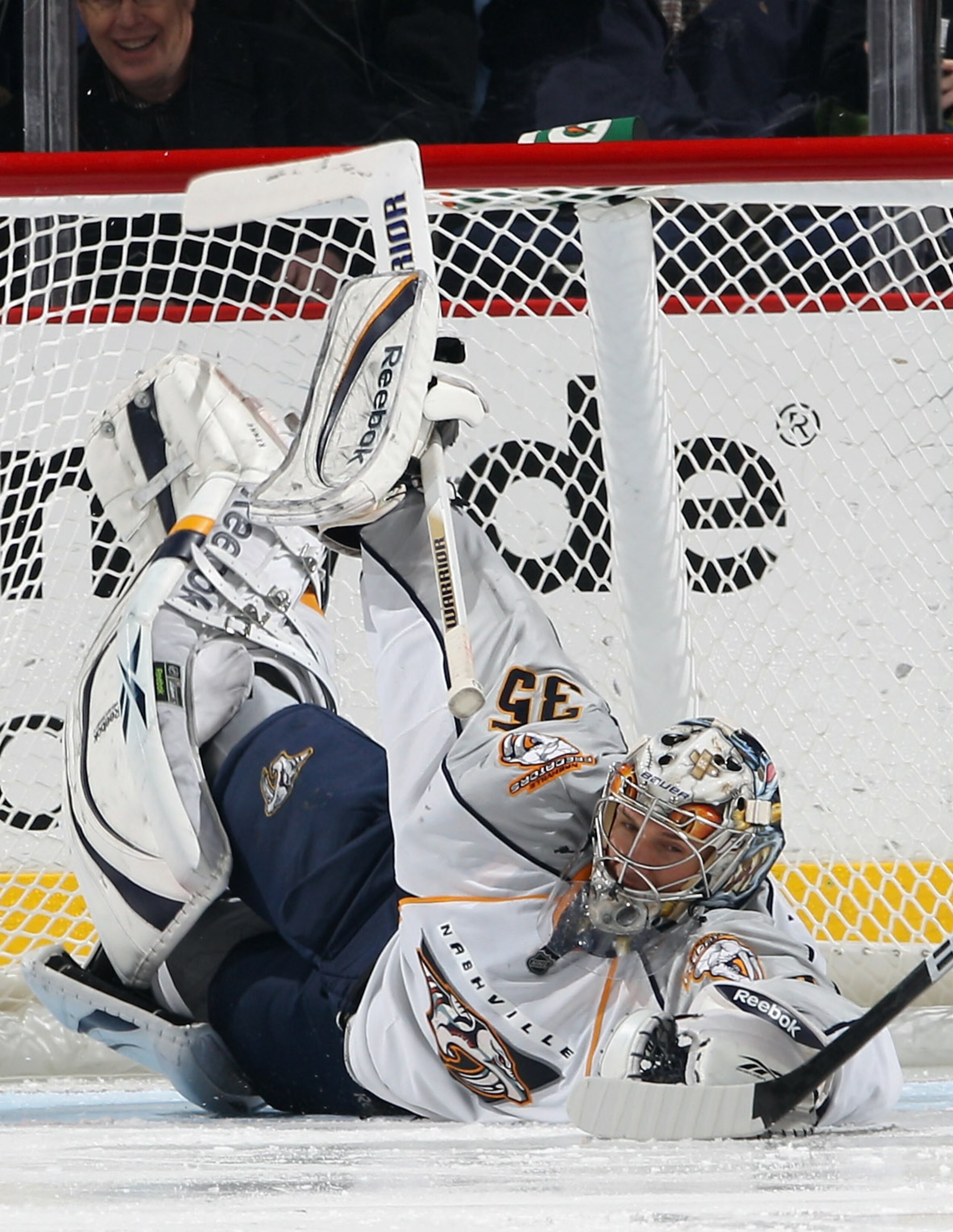 COLUMBUS, OH - DECEMBER 01: Pekka Rinne #35 of the Nashville Predators comes up with the puck during third period action against the Columbus Blue Jackets at the Nationwide Arena on December 1, 2010 in Columbus, Ohio. The Predators defeated the Blue Jacke