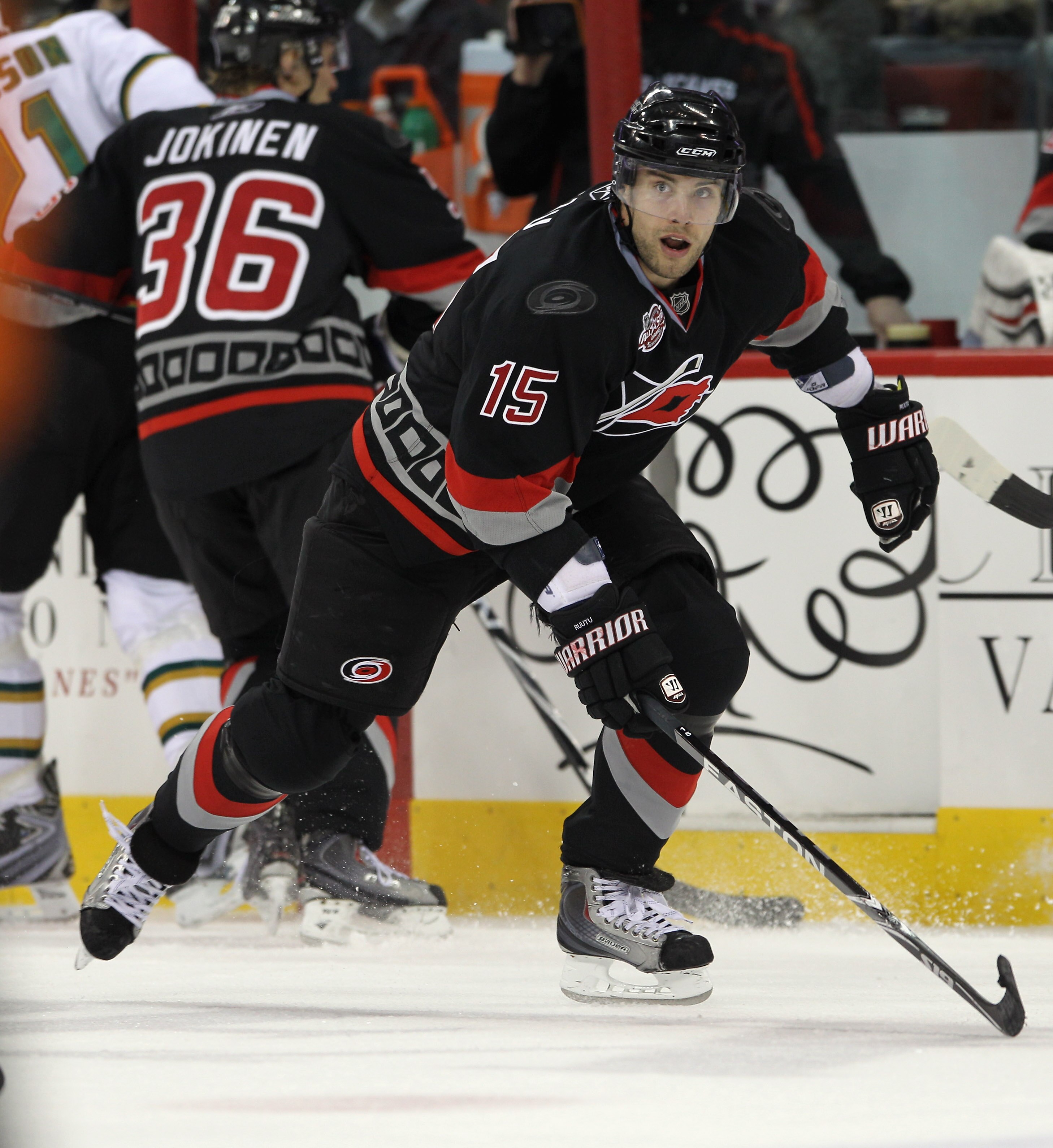 RALEIGH, NC - NOVEMBER 29:  Tuomo Ruutu #15 of the Carolina Hurricanes skates against the Dallas Stars at the RBC Center on November 29, 2010 in Raleigh, North Carolina. The Stars defeated the Hurricanes 4-1.  (Photo by Bruce Bennett/Getty Images)