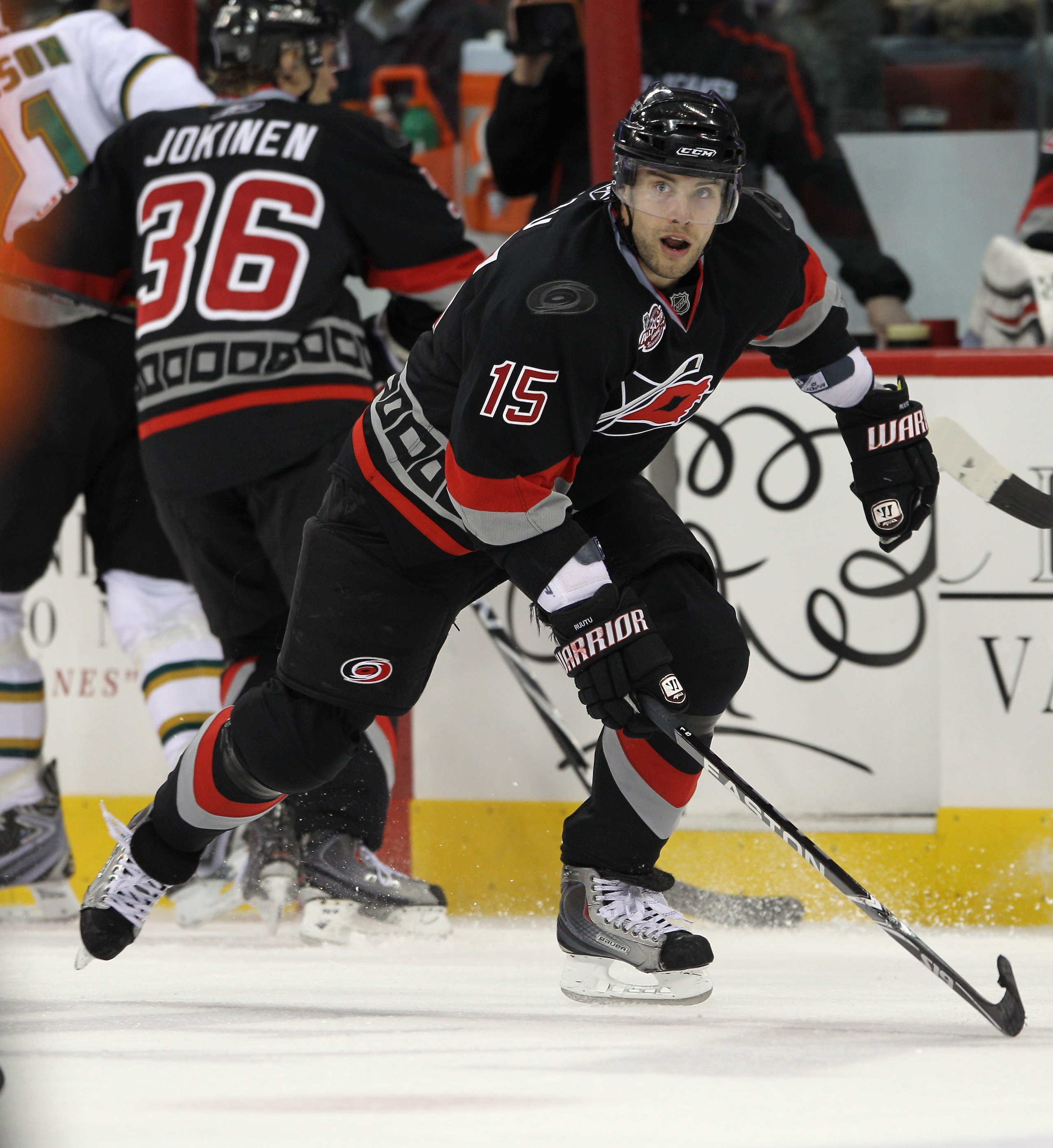 RALEIGH, NC - NOVEMBER 29:  Tuomo Ruutu #15 of the Carolina Hurricanes skates against the Dallas Stars at the RBC Center on November 29, 2010 in Raleigh, North Carolina. The Stars defeated the Hurricanes 4-1.  (Photo by Bruce Bennett/Getty Images)