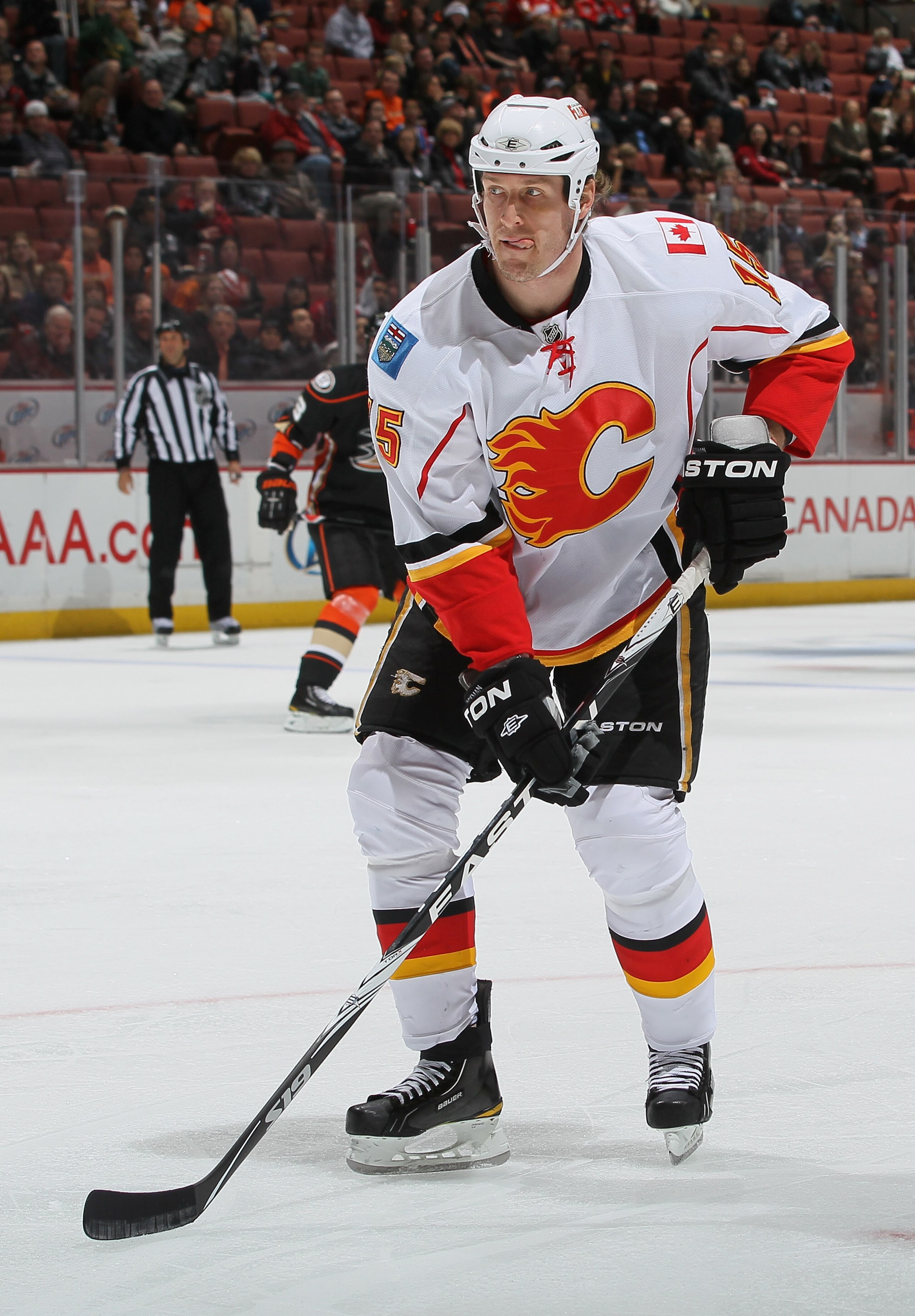 ANAHEIM, CA - DECEMBER 10:  Tim Jackman #15 of the Calgary Flames skates against the Anaheim Ducks at the Honda Center on December 10, 2010 in Anaheim, California.  (Photo by Jeff Gross/Getty Images)