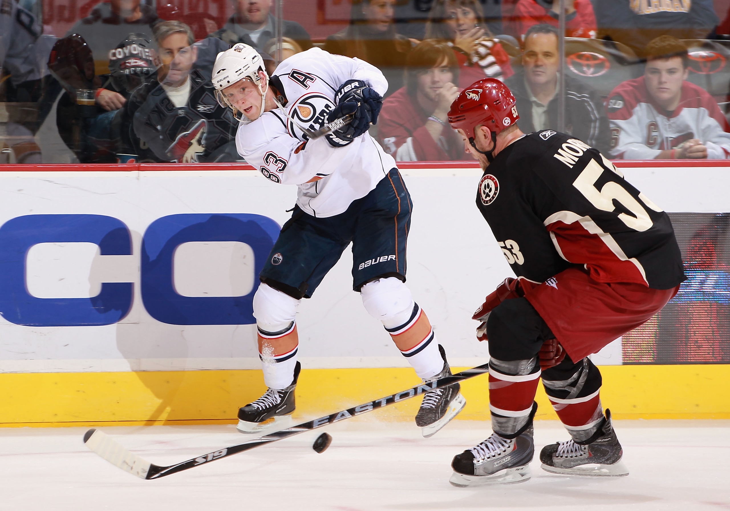 GLENDALE, AZ - NOVEMBER 23:  Ales Hemsky #83 of the Edmonton Oilers centers the puck during the NHL game against the Phoenix Coyotes at Jobing.com Arena on November 23, 2010 in Glendale, Arizona.  The Coyotes defeated the Oilers 5-0.  (Photo by Christian