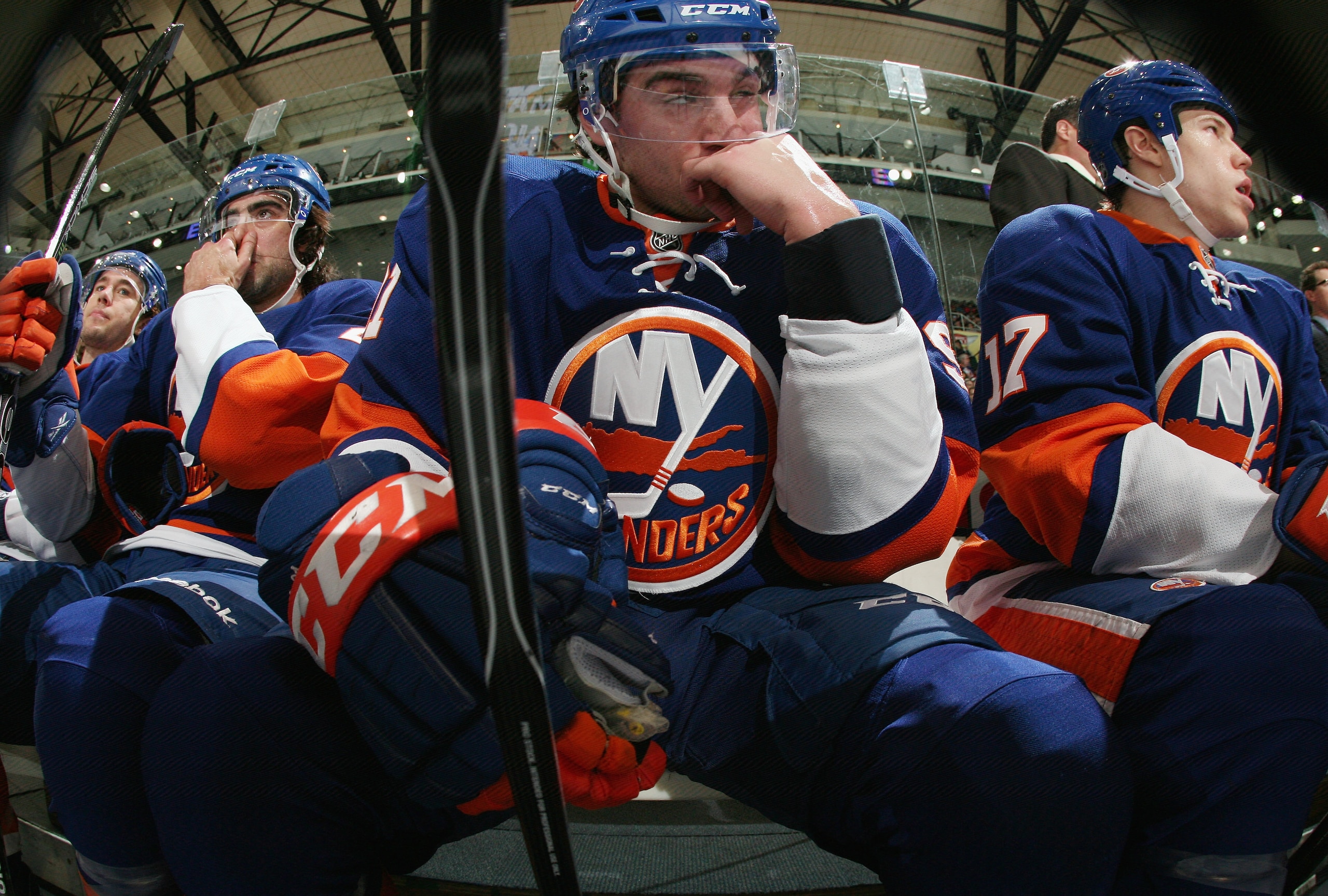 UNIONDALE, NY - DECEMBER 29: John Tavares #91 of the New York Islanders takes a break during the game against the Pittsburgh Penguins at the Nassau Coliseum on December 29, 2010 in Uniondale, New York.  (Photo by Bruce Bennett/Getty Images)