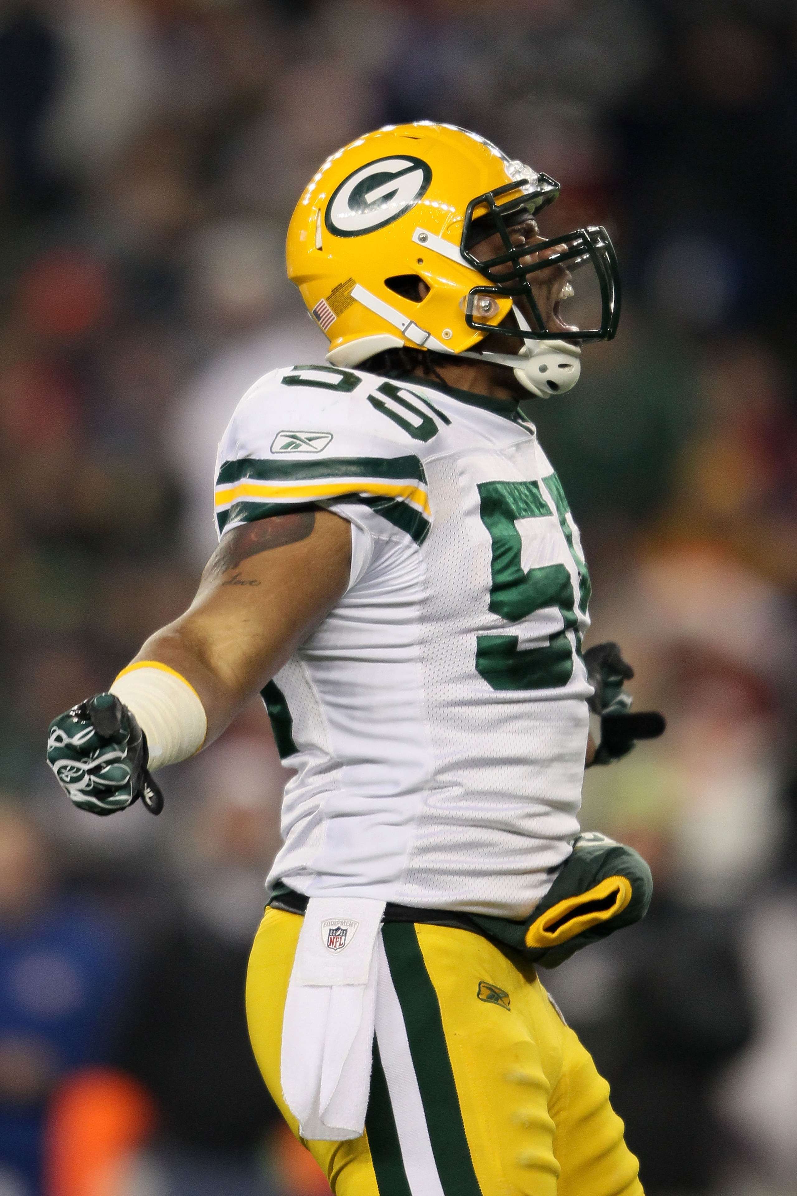 FOXBORO, MA - DECEMBER 19:  Linebacker Desmond Bishop #55 of the Green Bay Packers reacts during the game against the New England Patriots at Gillette Stadium on December 19, 2010 in Foxboro, Massachusetts. The Patriots won the game 31-27.  (Photo by Elsa