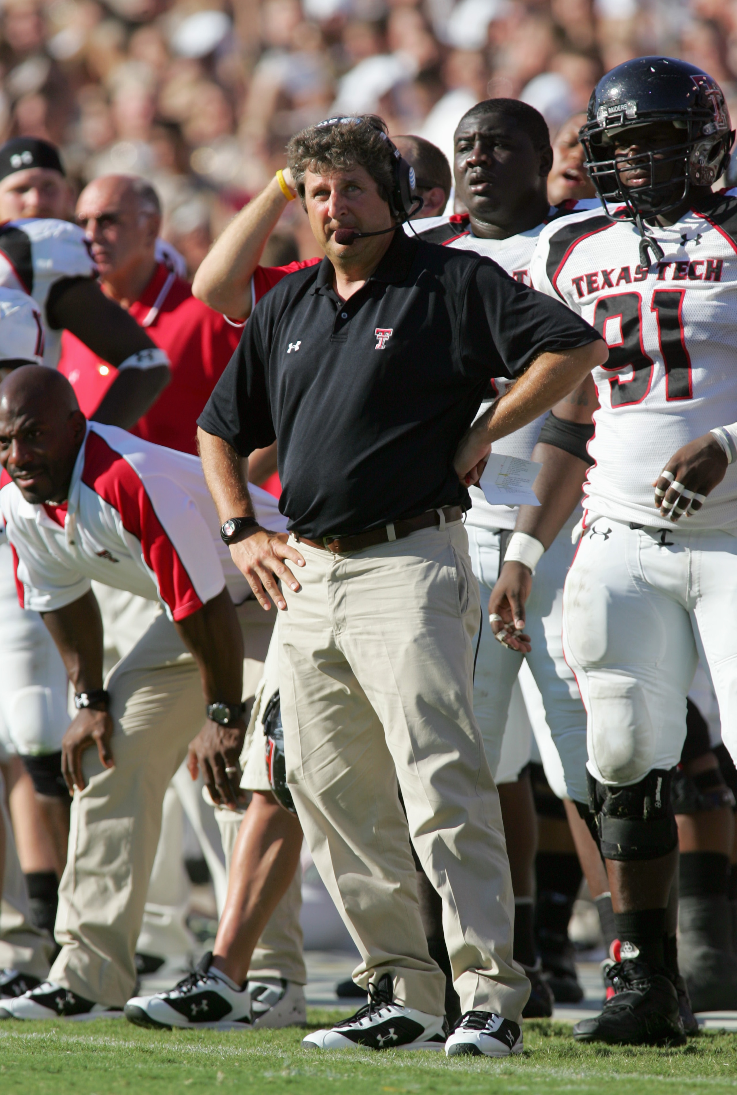 COLLEGE STATION, TX -SEPTEMBER 30:  Head coach Mike Leach of the Texas Tech Red Raiders watches the action from the sidelines during the game against the Texas A&M Aggies at Kyle Field on September 30, 2006 in College Station, Texas. (Photo by Ronald Mart