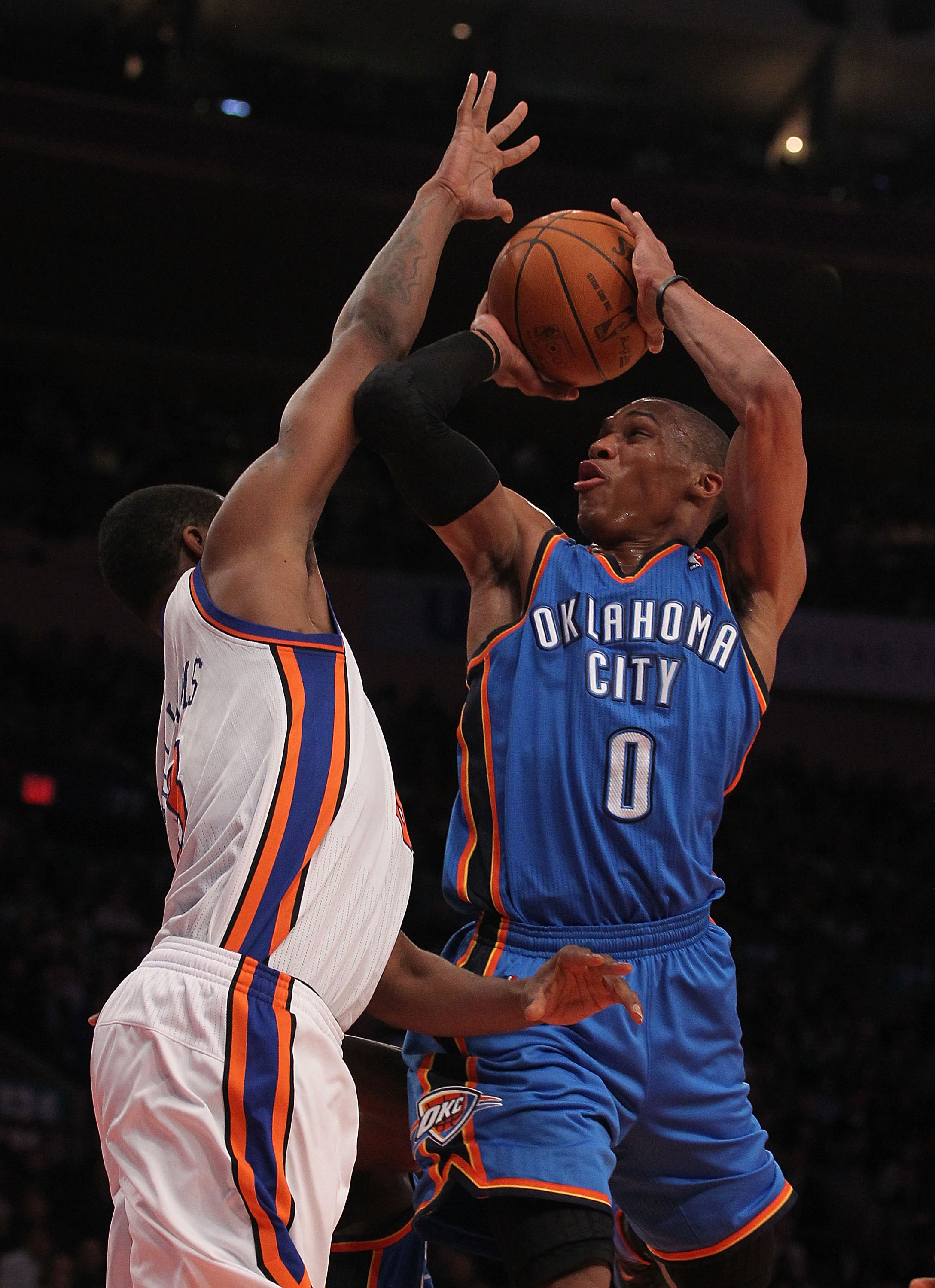 NEW YORK - DECEMBER 22:  Russell Westbrook #0 of the Oklahoma City Thunder in action against the New York Knicks at Madison Square Garden on December 22, 2010 in New York, New York.   NOTE TO USER: User expressly acknowledges and agrees that, by downloadi