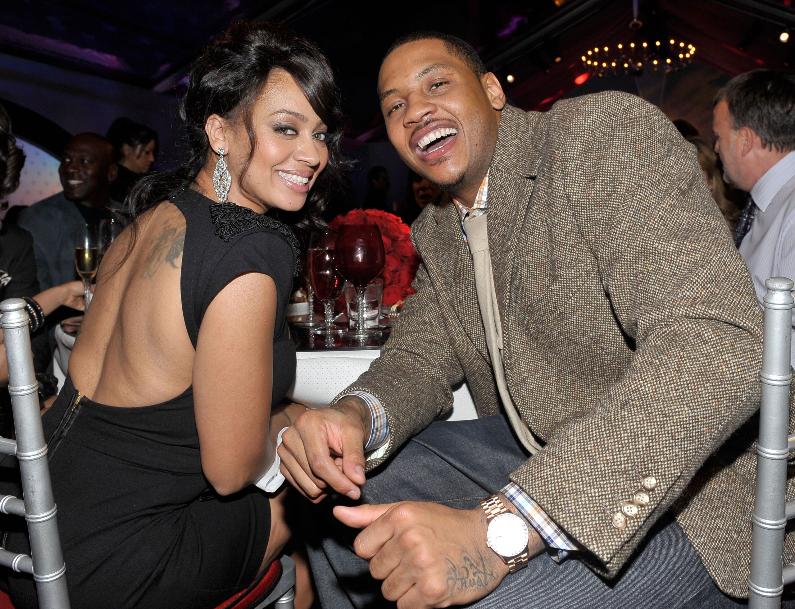 DALLAS - FEBRUARY 12:  TV personality LaLa Vazquez (L) and NBA player Carmelo Anthony attend the Exclusive FABULOUS 23 Dinner hosted by Jordan Brand during All-Star Weekend on February 12, 2010 in Dallas, Texas.  (Photo by Charley Gallay/Getty Images for