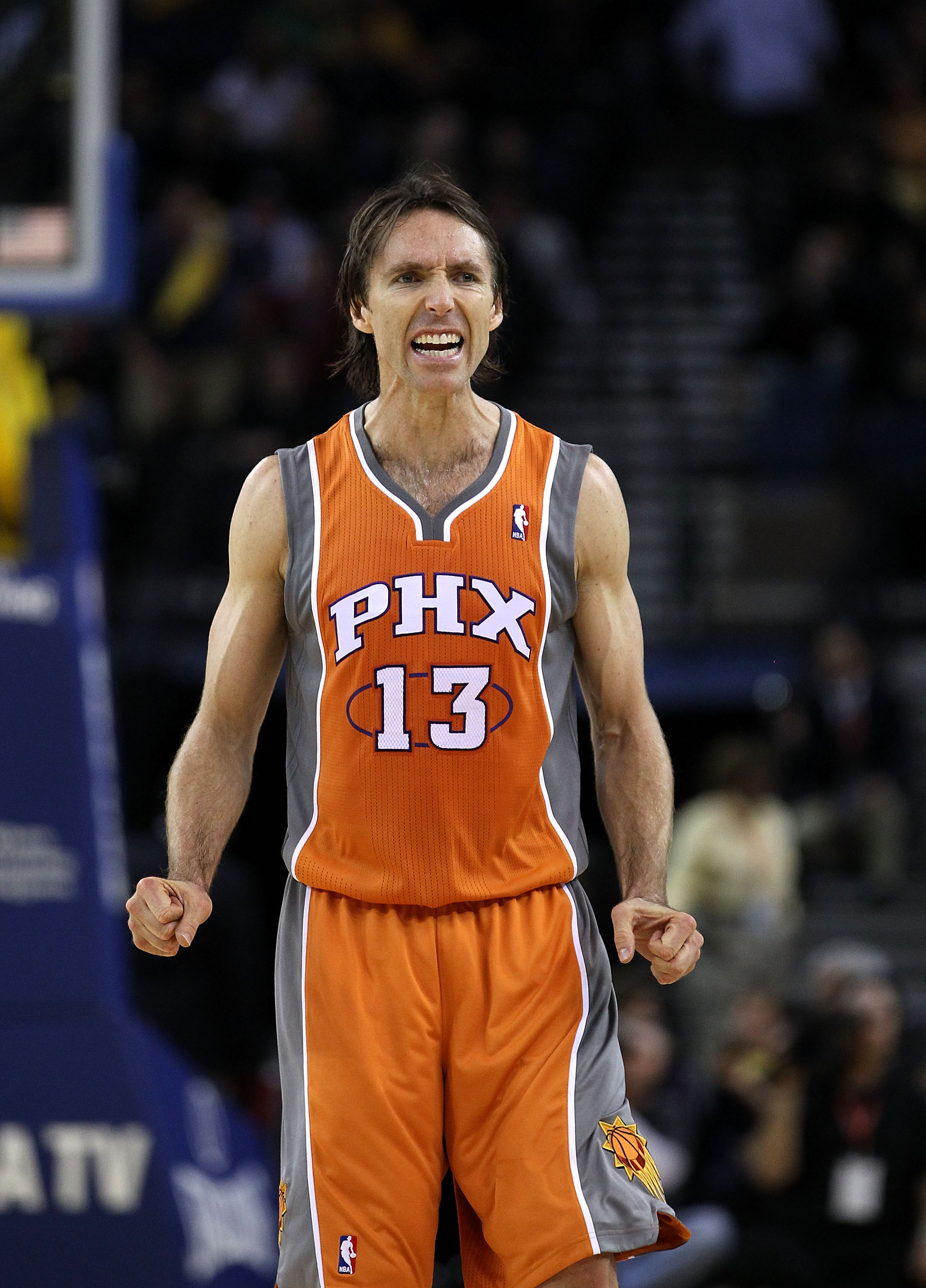 OAKLAND, CA - DECEMBER 02:  Steve Nash #13 of the Phoenix Suns reacts after the Suns made a basket against the Golden State Warriors at Oracle Arena on December 2, 2010 in Oakland, California. NOTE TO USER: User expressly acknowledges and agrees that, by
