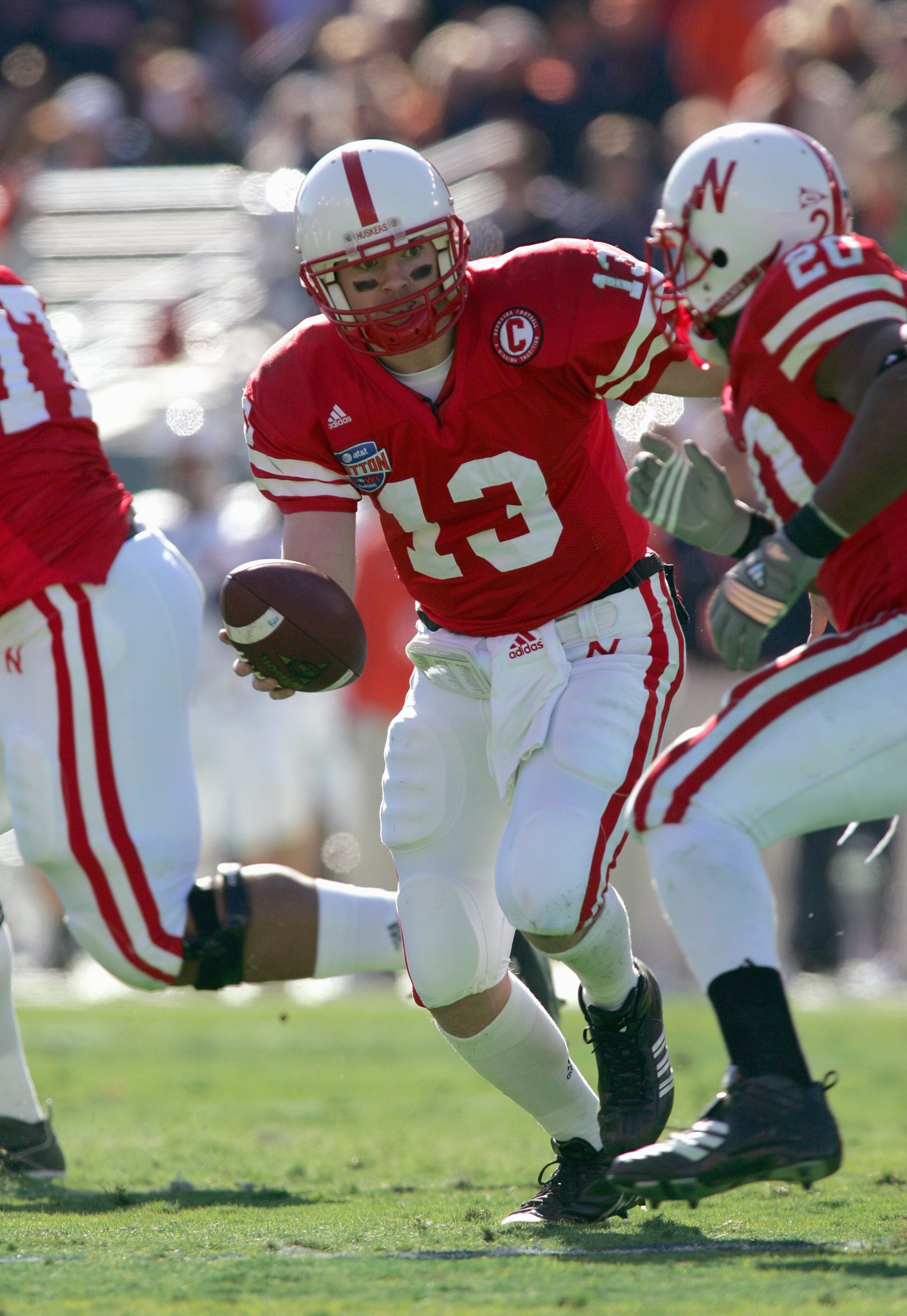 DALLAS - JANUARY 01: Quarterback Zac Taylor #13 of the Nebraska Cornhuskers looks to hand off the ball during the AT&T Cotton Bowl Classic against the Auburn Tigers on January 1, 2007 at the Cotton Bowl in Dallas, Texas. (Photo by Ronald Martinez/Getty Im