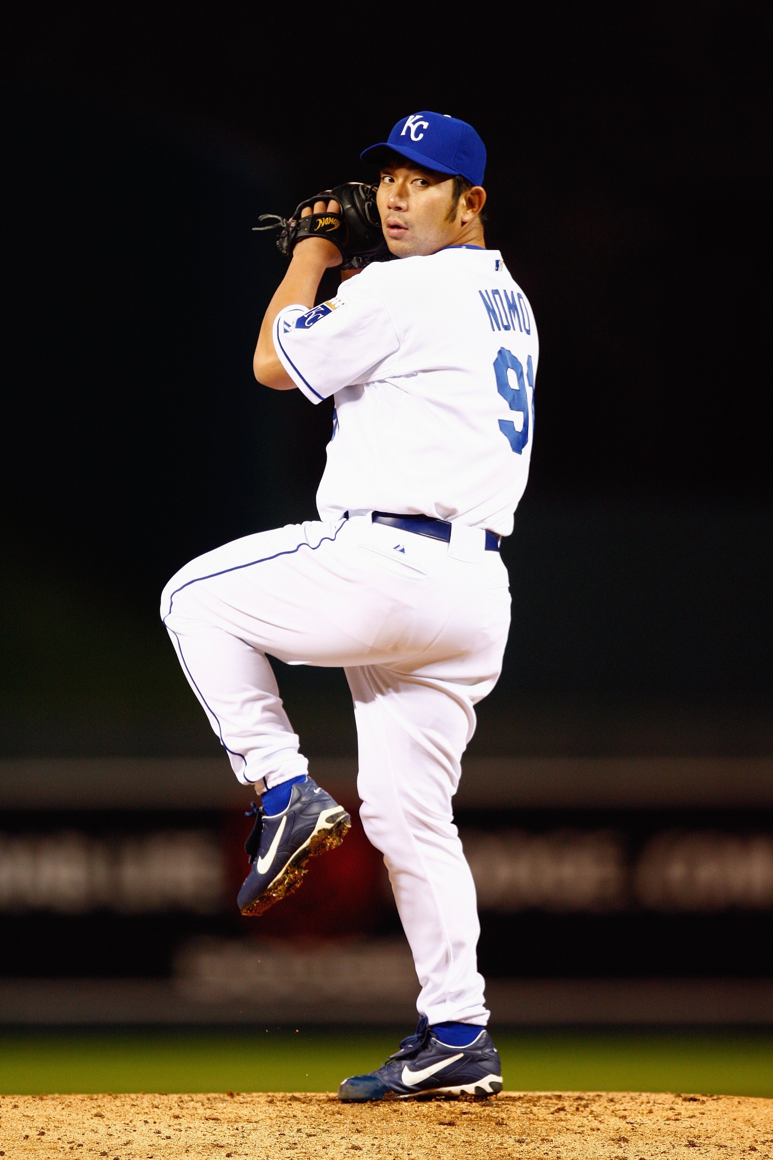 KANSAS CITY, MO - APRIL 10:  Hideo Nomo #91 of the Kansas City Royals pitches against the New York Yankees on April 10, 2008 at Kauffman Stadium in Kansas City, Missouri. (Photo by G. Newman Lowrance/Getty Images)