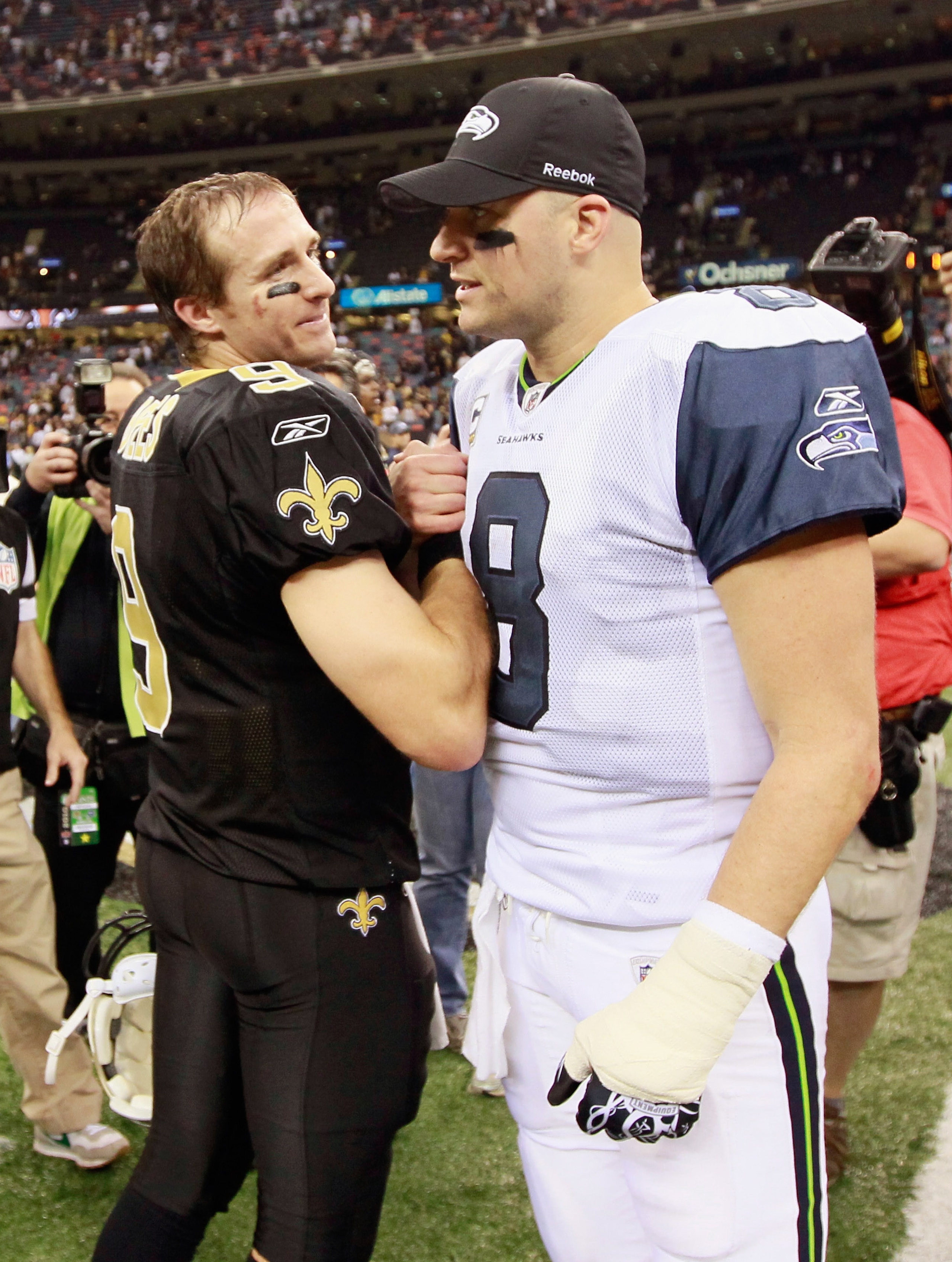NEW ORLEANS - NOVEMBER 21:  Quarterback Drew Brees # of the New Orleans Saints and Matt Hasselbeck #8 of the Seattle Seahawks at Louisiana Superdome on November 21, 2010 in New Orleans, Louisiana.  (Photo by Kevin C. Cox/Getty Images)