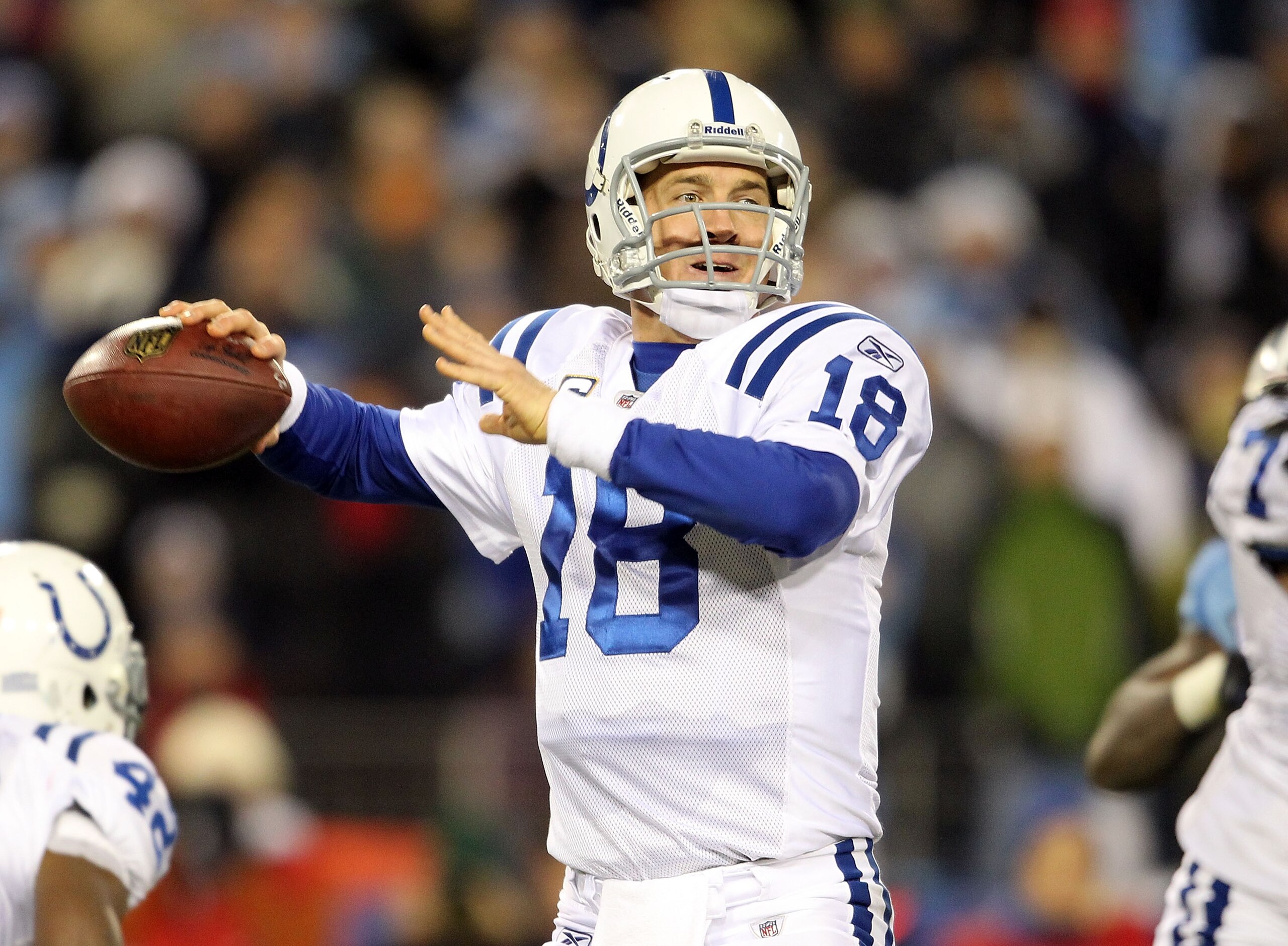 NASHVILLE, TN - DECEMBER 09:  Peyton Manning #18 of the Indianapolis Colts throws a pass during the NFL game against the Tennessee Titans  at LP Field on December 9, 2010 in Nashville, Tennessee.  The Colts won 30-28.  (Photo by Andy Lyons/Getty Images)