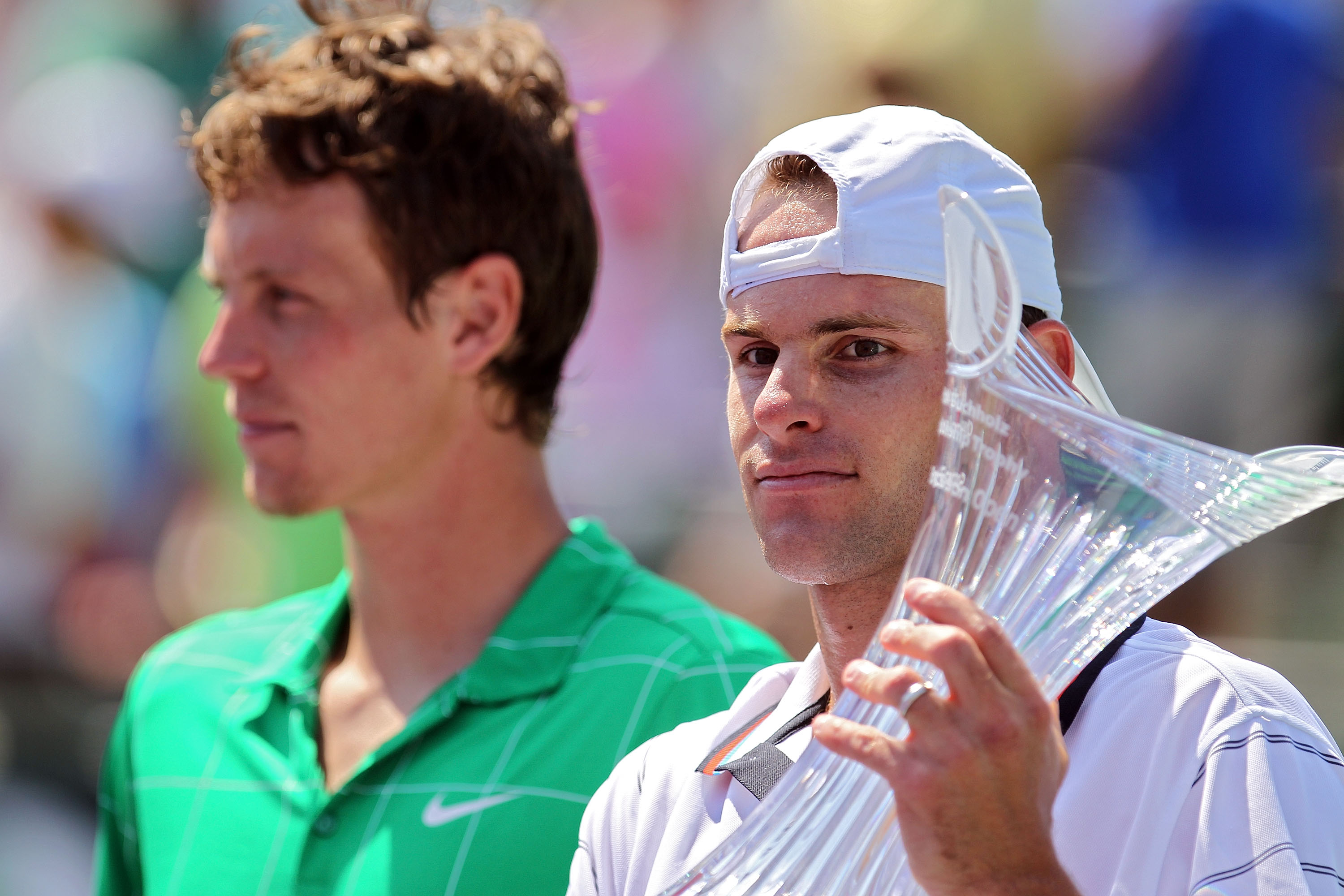 KEY BISCAYNE, FL - APRIL 04:  Andy Roddick of the United States and Tomas Berdych (L) of the Czech Republic hold their trophies after the men's final of the 2010 Sony Ericsson Open at Crandon Park Tennis Center on April 4, 2010 in Key Biscayne, Florida.