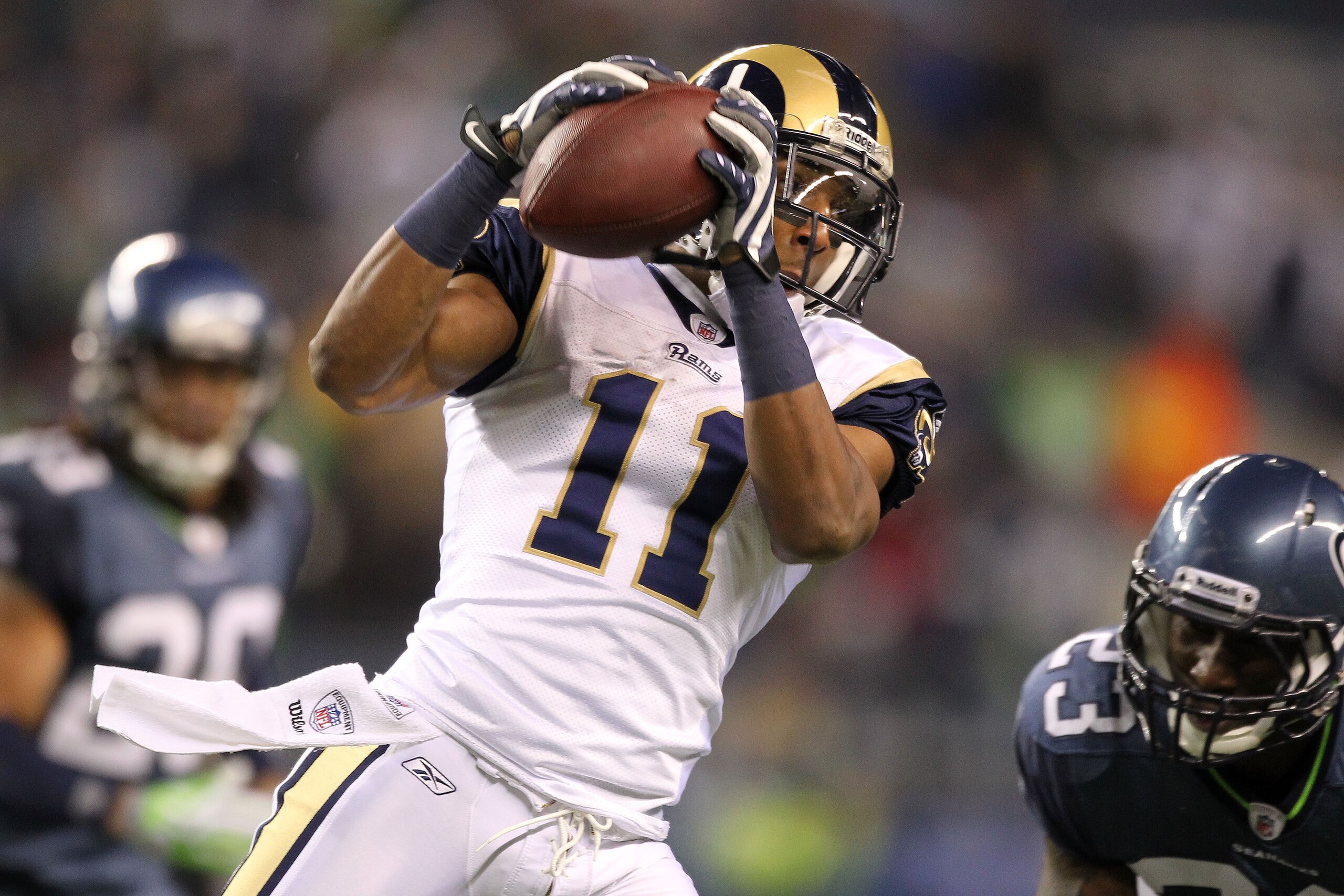 SEATTLE, WA - JANUARY 02: Wide receiver Brandon Gibson #11 of the St. Louis Rams makes a catch against the Seattle Seahawks during their game at Qwest Field on January 2, 2011 in Seattle, Washington. (Photo by Otto Greule Jr/Getty Images) SEATTLE, WA - JANUARY 02: Wide receiver Brandon Gibson #11 of the St. Louis Rams makes a catch against the Seattle Seahawks during their game at Qwest Field on January 2, 2011 in Seattle, Washington. (Photo by Otto Greule Jr/Getty Images)