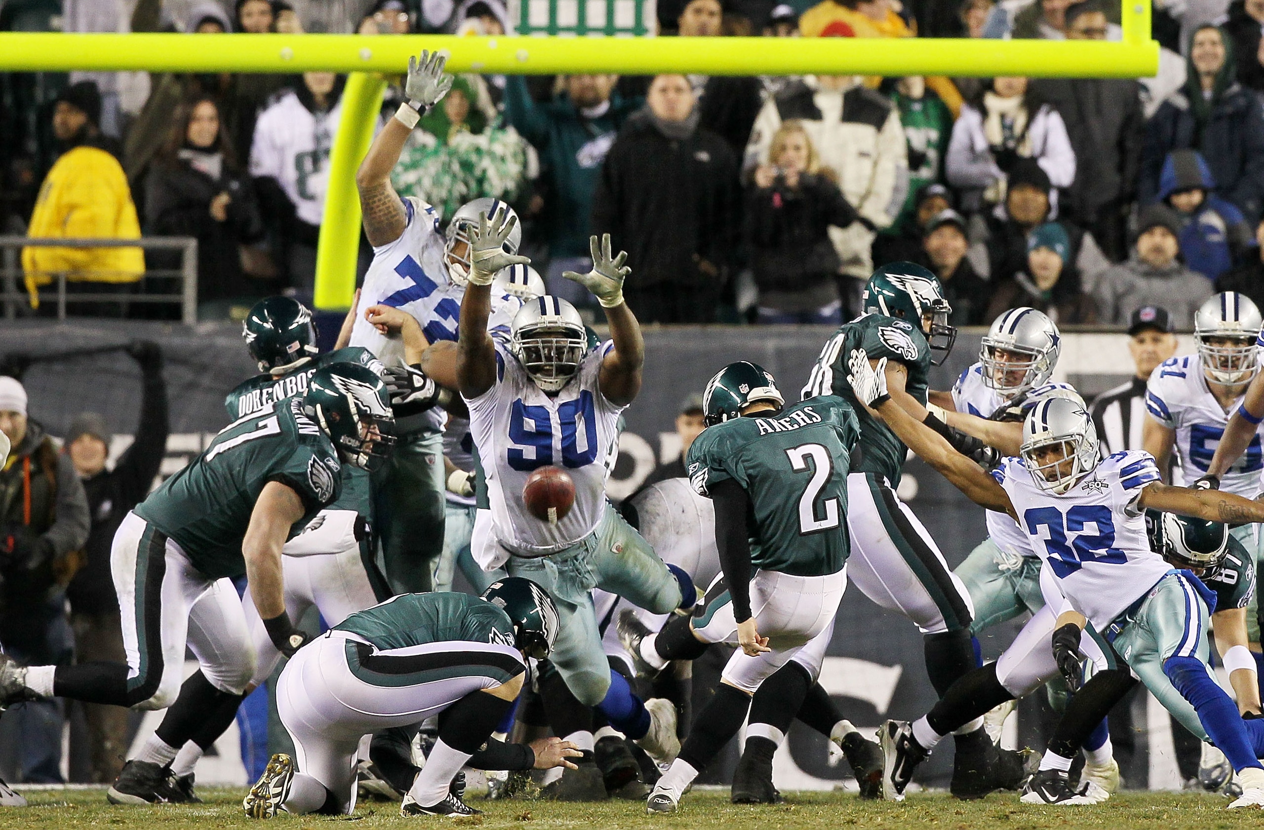 PHILADELPHIA, PA - JANUARY 02:  David Akers #2 of the Philadelphia Eagles kicks a field goal as Jay Ratliff #90 of the Dallas Cowboys attempts a block on January 2, 2011 at Lincoln Financial Field in Philadelphia, Pennsylvania. The Cowboys defeated the Ea