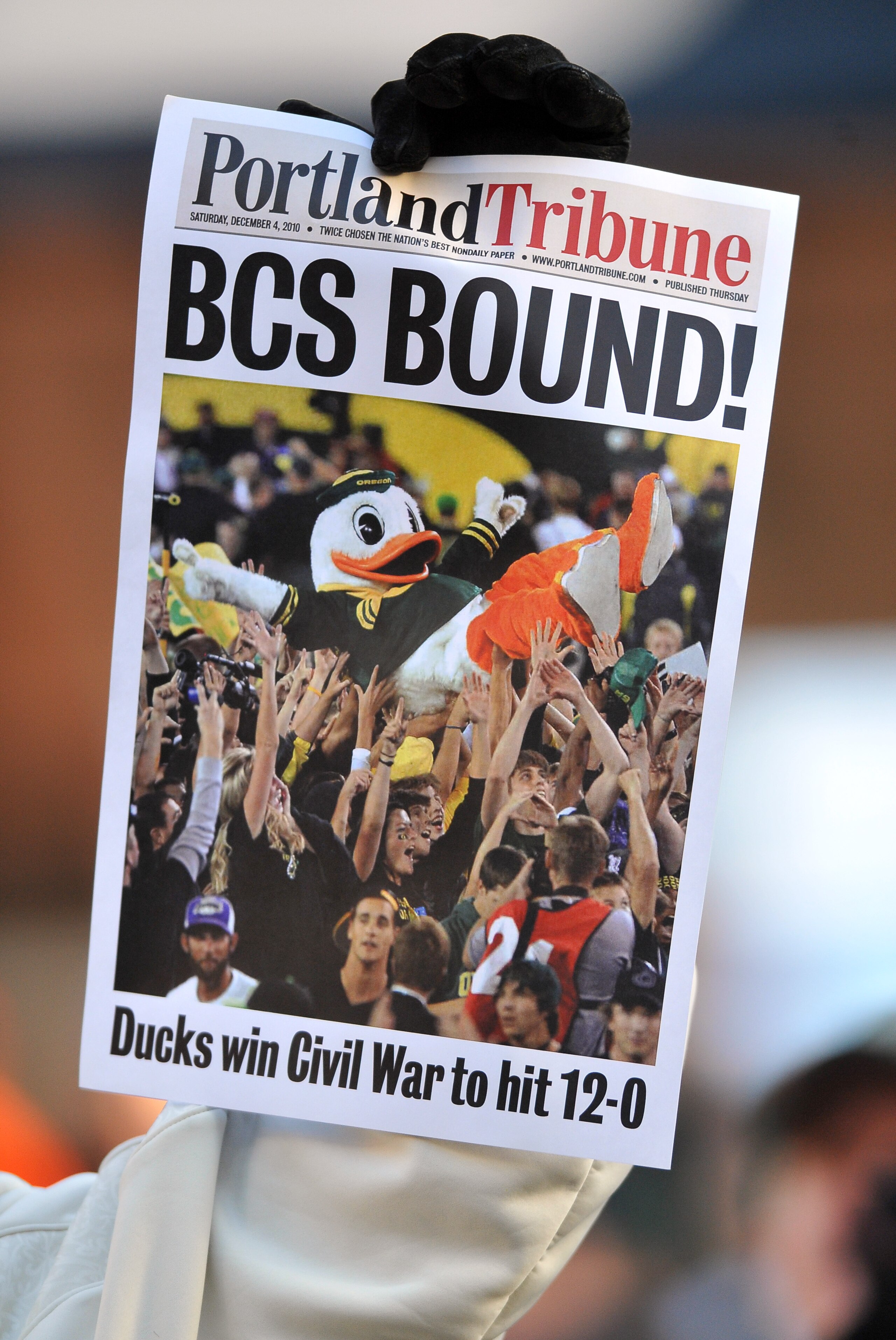 CORVALLIS, OR - DECEMBER 4: A fan holds up a copy of a mock front page after game between the Oregon Ducks and the Oregon State Beavers at Reser Stadium on December 4, 2010 in Corvallis, Oregon. The Ducks beat the Beavers 37-20 to likely go on to the BCS CORVALLIS, OR - DECEMBER 4: A fan holds up a copy of a mock front page after game between the Oregon Ducks and the Oregon State Beavers at Reser Stadium on December 4, 2010 in Corvallis, Oregon. The Ducks beat the Beavers 37-20 to likely go on to the BCS